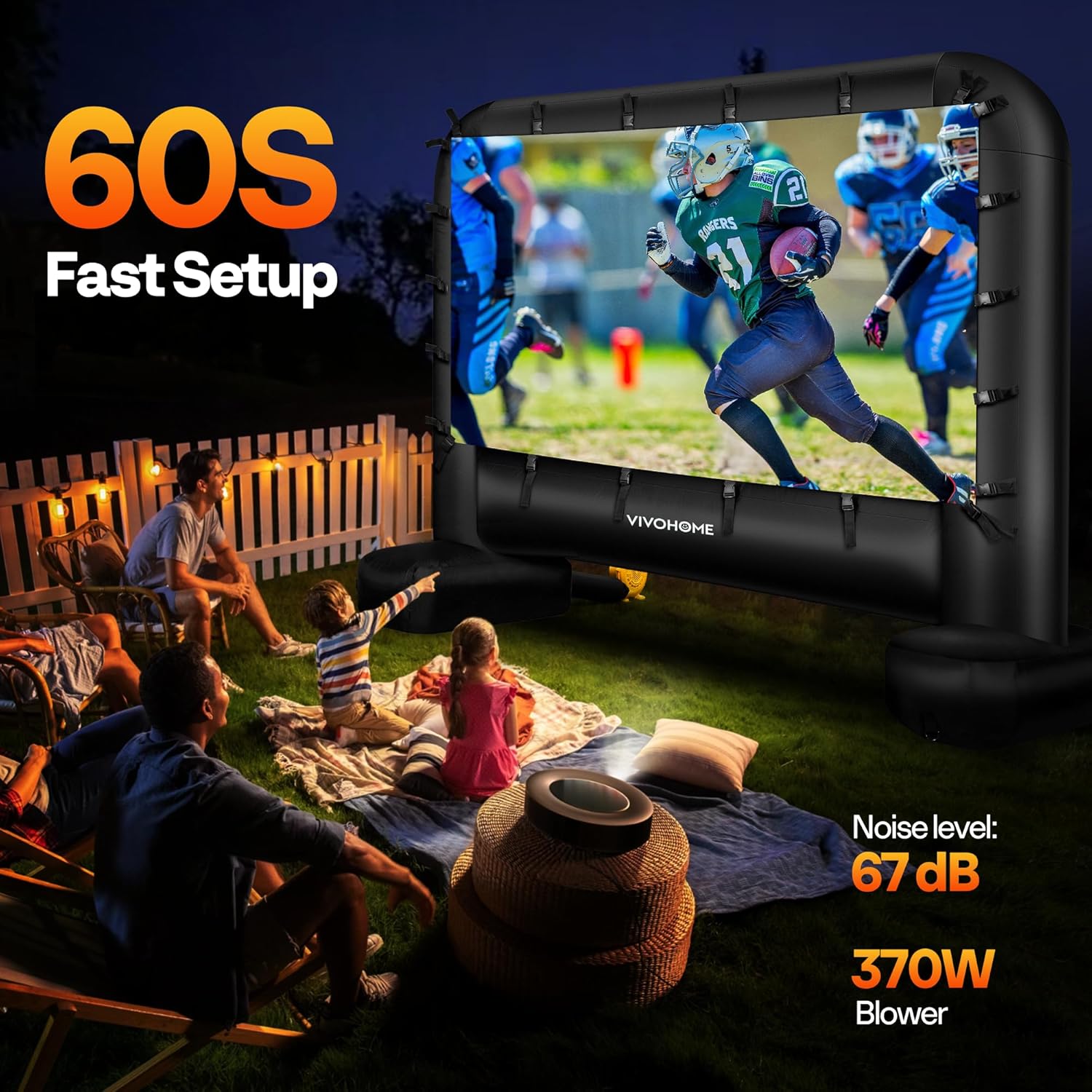 VIVOHOME inflatable projector screen being set up in a backyard with people watching.