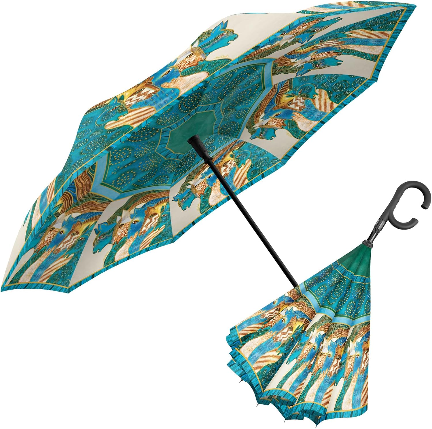 RainCaper Laurel Burch Reverse Inverted Windproof Reverse Opening Upside Down Umbrella with C-shaped Handsfree Handle