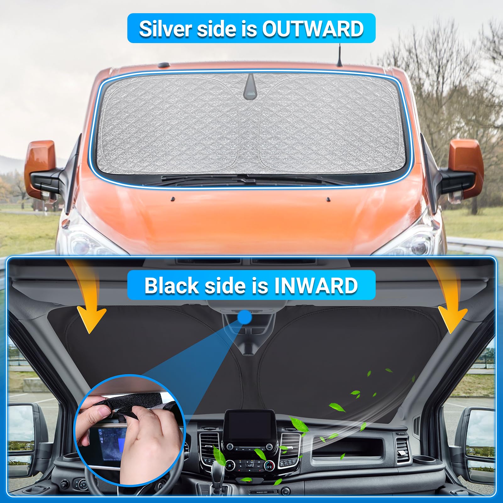 XCBYT Pare Soleil Voiture Pare Brise Avant pour Ford Transit Custom 2021-2024, Pliable Épaissie Brise Voiture Avant Couverture Intérieur, Protection Solaire Bloque Rayons UV