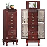 Giantex Standing Jewelry Cabinet with 7 Drawers, Flip-Top Mirror, 2 Side Doors with 12 Necklace Hooks, Divided Ring Compartments, Velvet-Lined Jewelry Armoire Organizer Chest (Cherry)