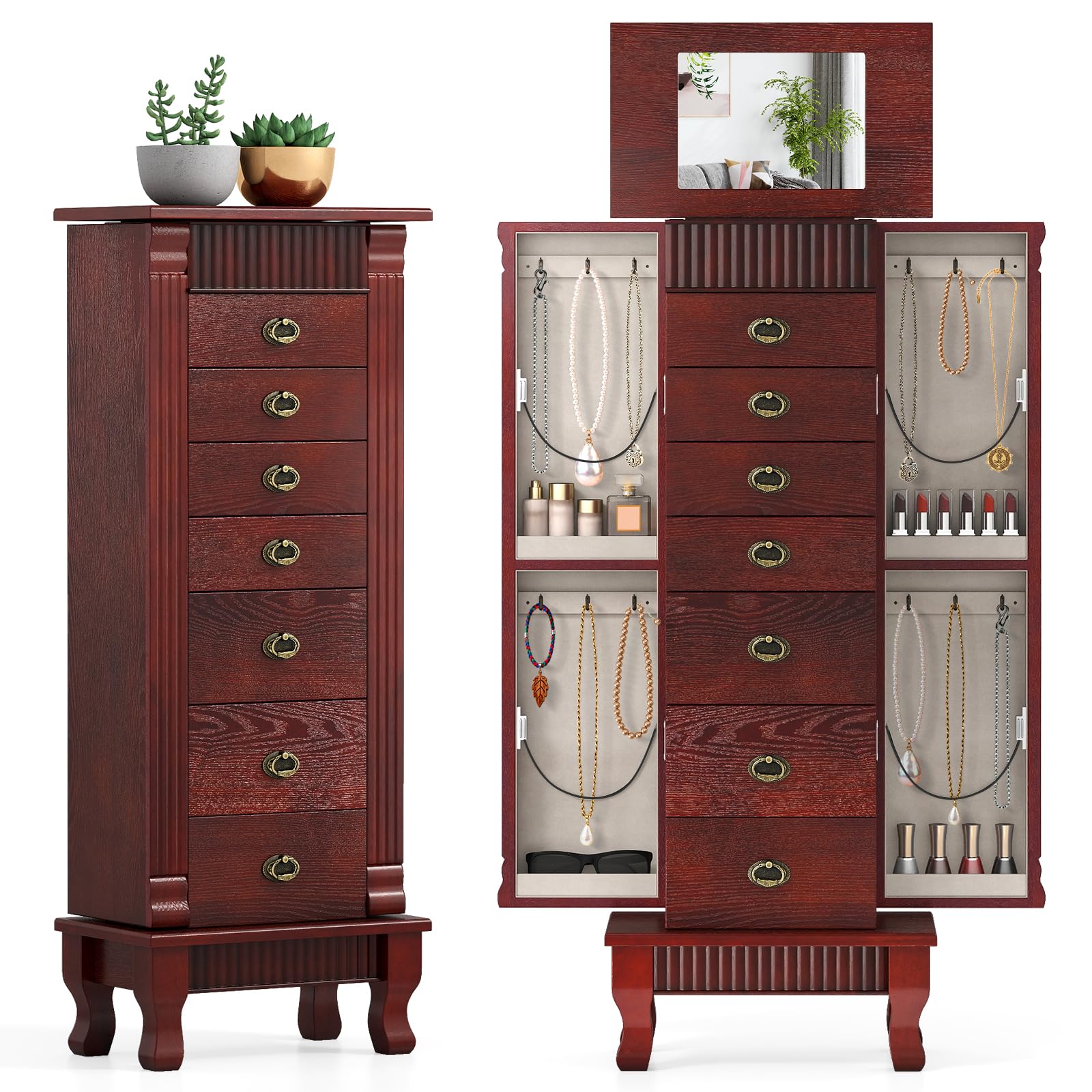 Giantex Standing Jewelry Cabinet with 7 Drawers, Flip-Top Mirror, 2 Side Doors with 12 Necklace Hooks, Divided Ring Compartments, Velvet-Lined Jewelry Armoire Organizer Chest (Cherry)