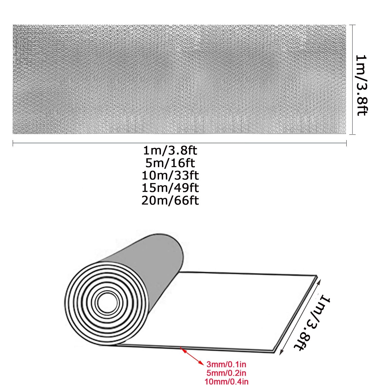 Isolante Termico 1m X 10m, Foglio Isolante Doppio Strato Alluminio Bolle, Pellicola Riflettente Rotolo Pannello Termoriflettente Per Pareti Dei Termosifoni, Porte, Finestre, Pavimenti, Tetti(10MM)