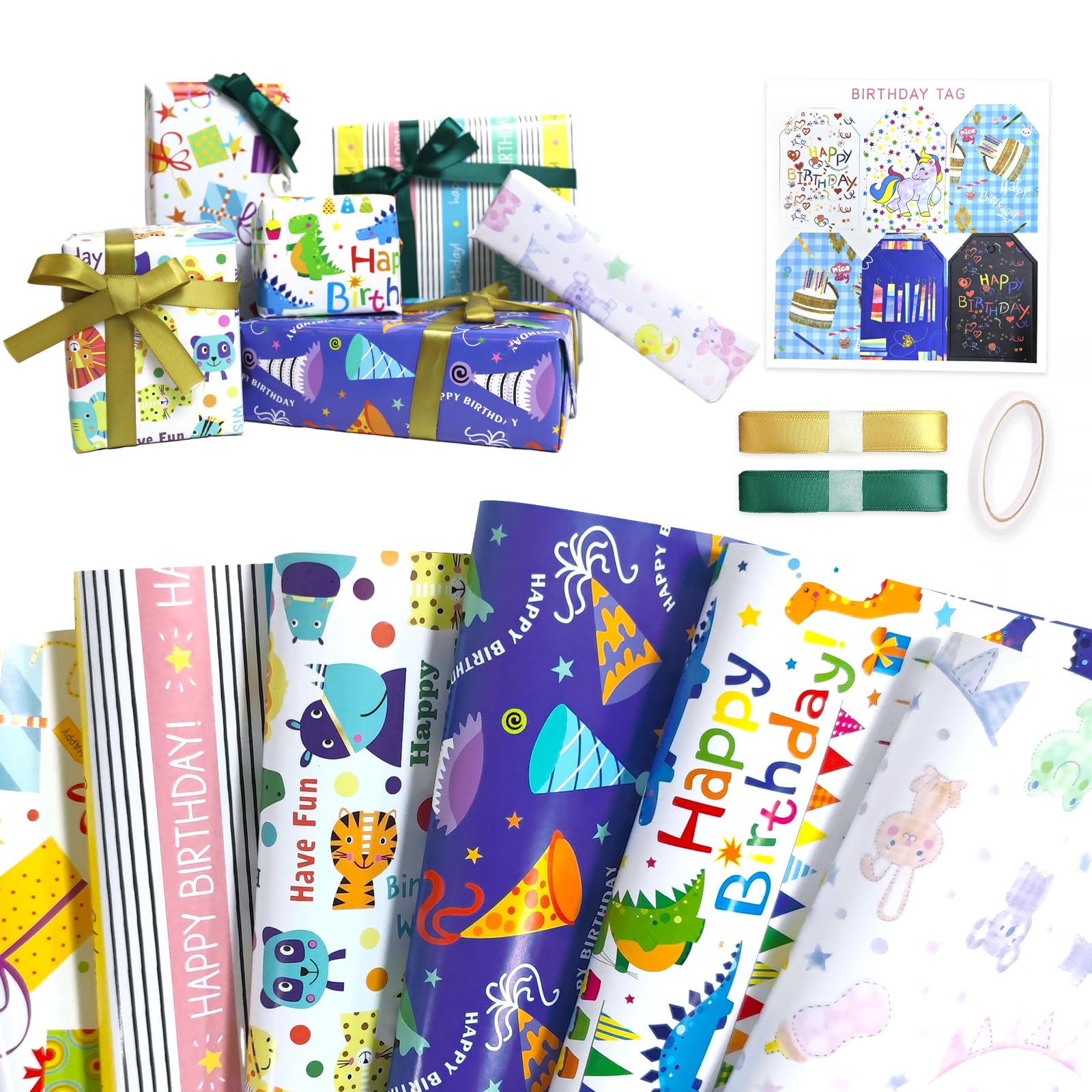 Niviy Geschenkpapier Schulkind Einschulung 70x50CM Geburtstag Geschenkverpackung,6 Blatt Dino Tierwelt Geburtstagshut Cartoon Design,mit Anhängern,Klebeband und Band,Schulanfang Deko Junge Mädchen