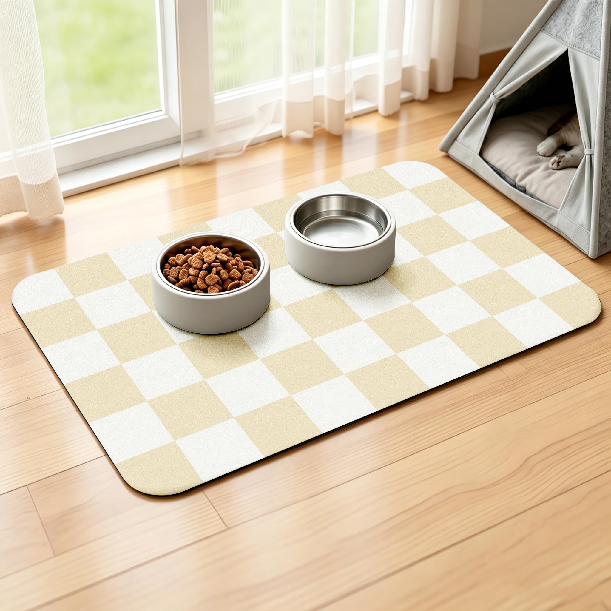 Dog Food Mat, Absorbent Pet Placemat Cat Dog Mats for Food and Water Bowl, Checkered Pet Feeding Mat Non Slip, No Stains Quick Dry Cat Dog Bowl Mat (Beige, 30x50cm)