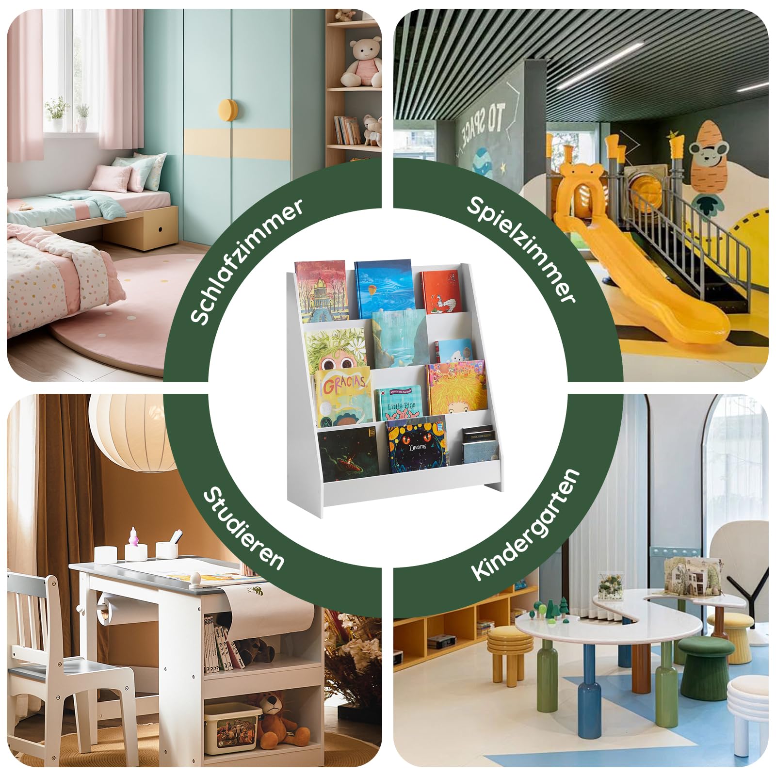 SoBuy Bücherregal Kinder Montessori Kinderregal mit 4 Ablagefächern Regal Kinderzimmer Spielzeug Aufbewahrung Büchergestell Hängefächerregal Weiß 80x88x30cm KMB32-W