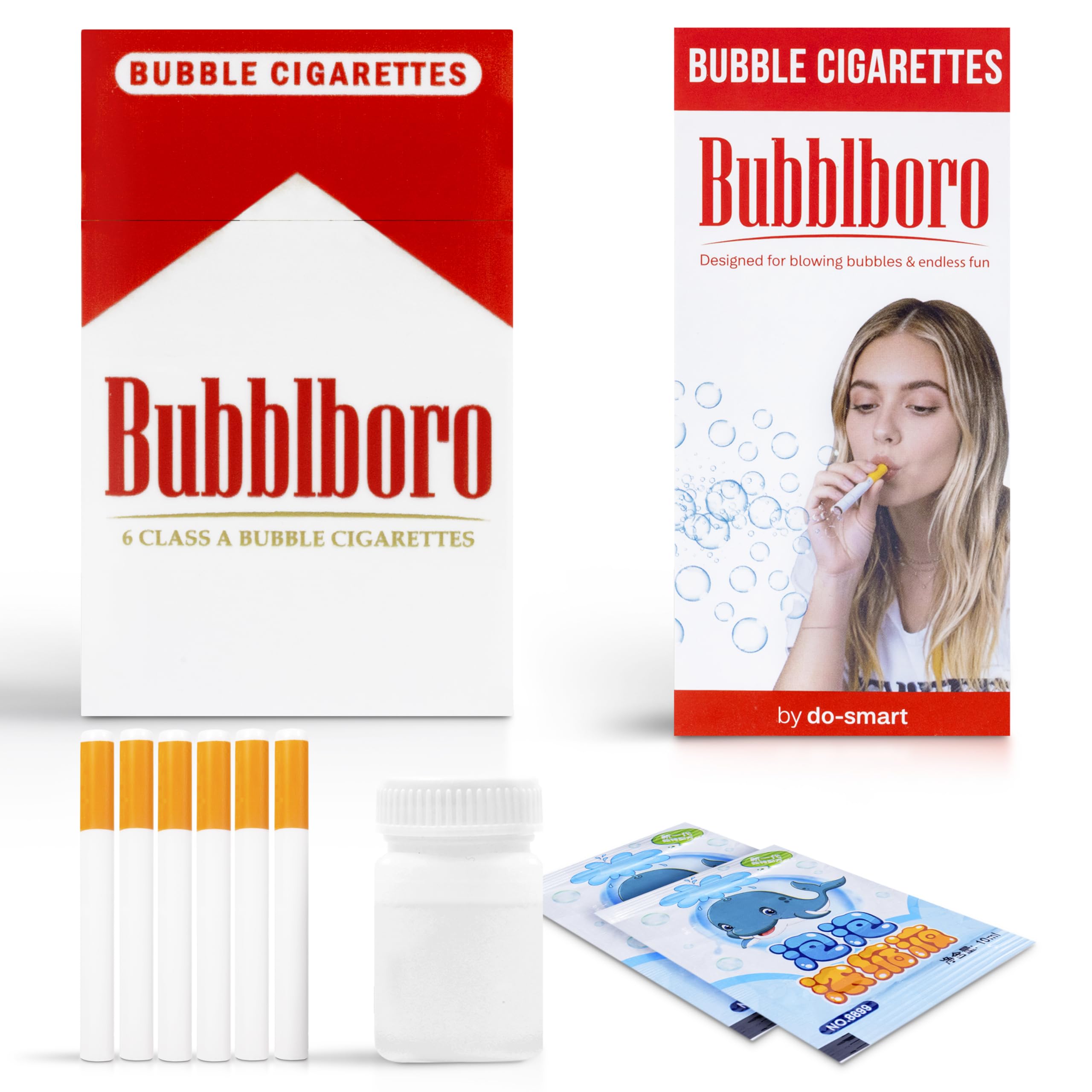 Bubble Cigarette Stress Relief Toy - Bubble Cigarette Pack Including 6 Cigarettes with Bubble Solution Bottle and 2 Sachets - Cigarette Bubble Blower - Fake Cigarettes Gift for Birthday