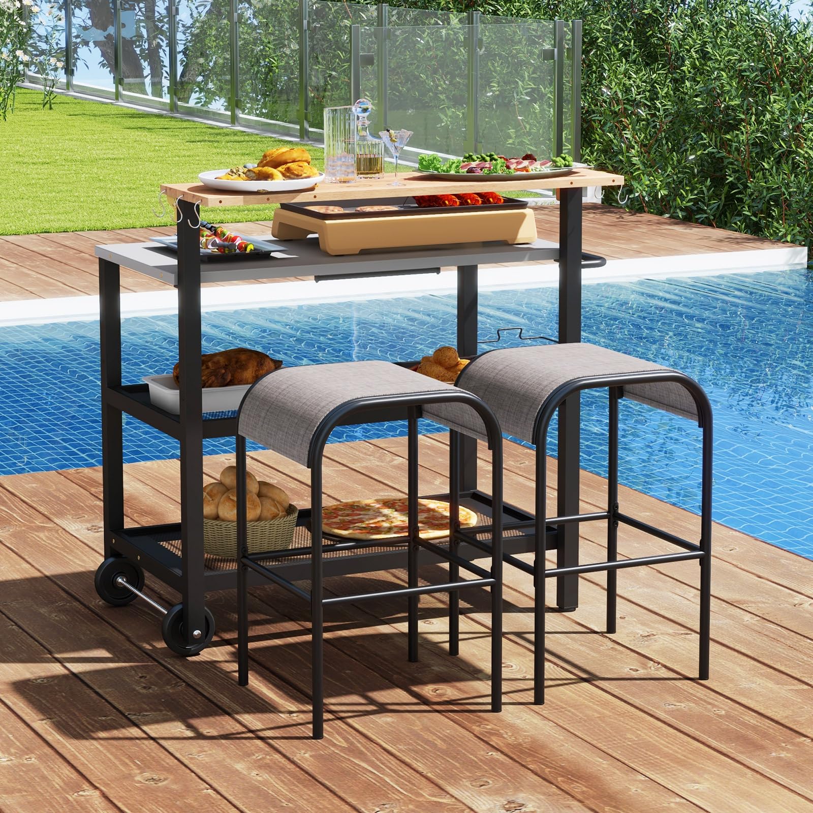 COSTWAY Carrito de Barbacoa de 3 Niveles, Mesa de Barbacoa con Estante y Asa Plegable, Ganchos, Soporte para Toallas de Papel y Bolsas de Basura, Carrito de Servicio, 116 x 55 x 130 cm
