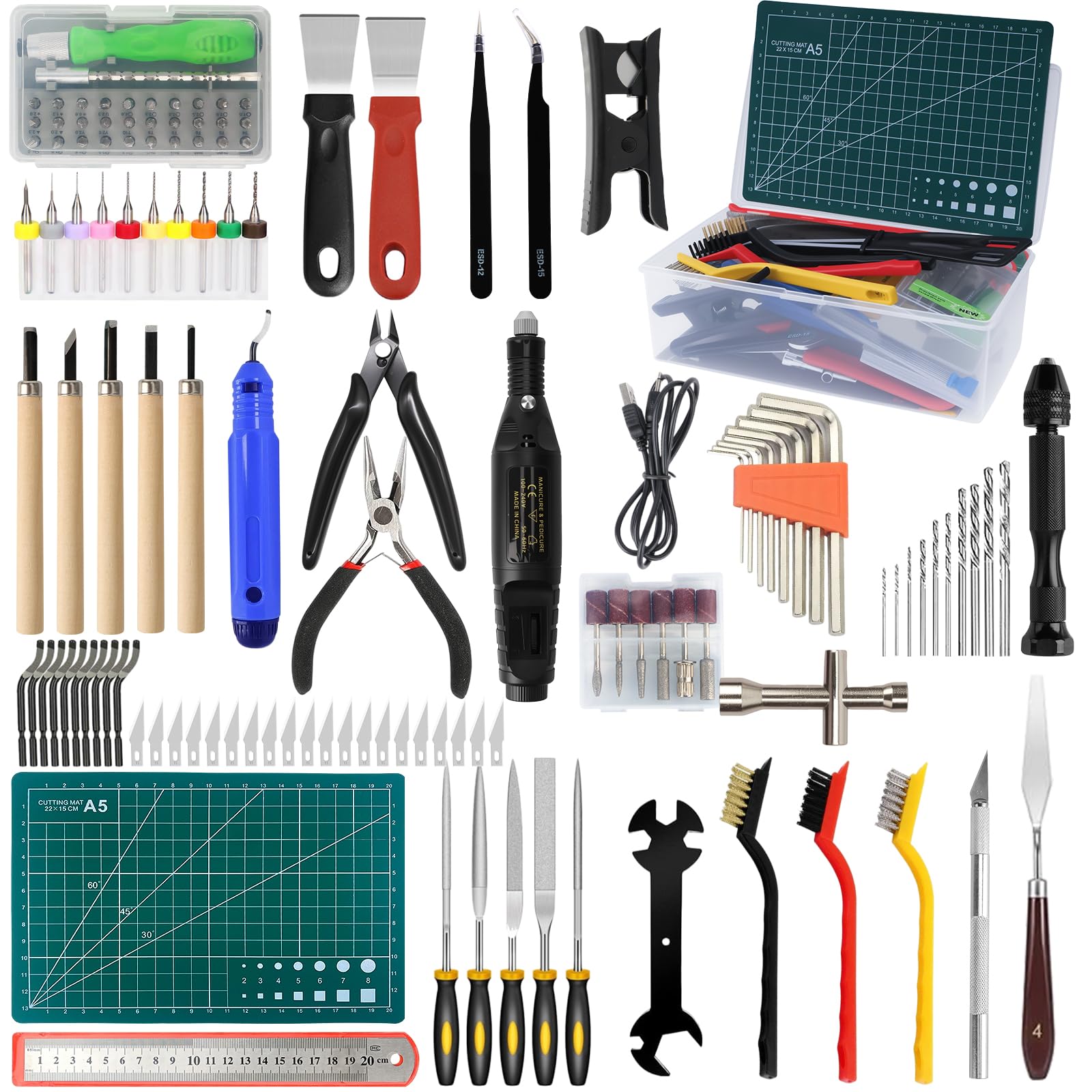 Set di attrezzi per stampante 3D, 154 pezzi, set di attrezzi per modellismo, inclusi strumenti per la pulizia, lucidatura, smontaggio, pinzette e pinze per stampante 3D