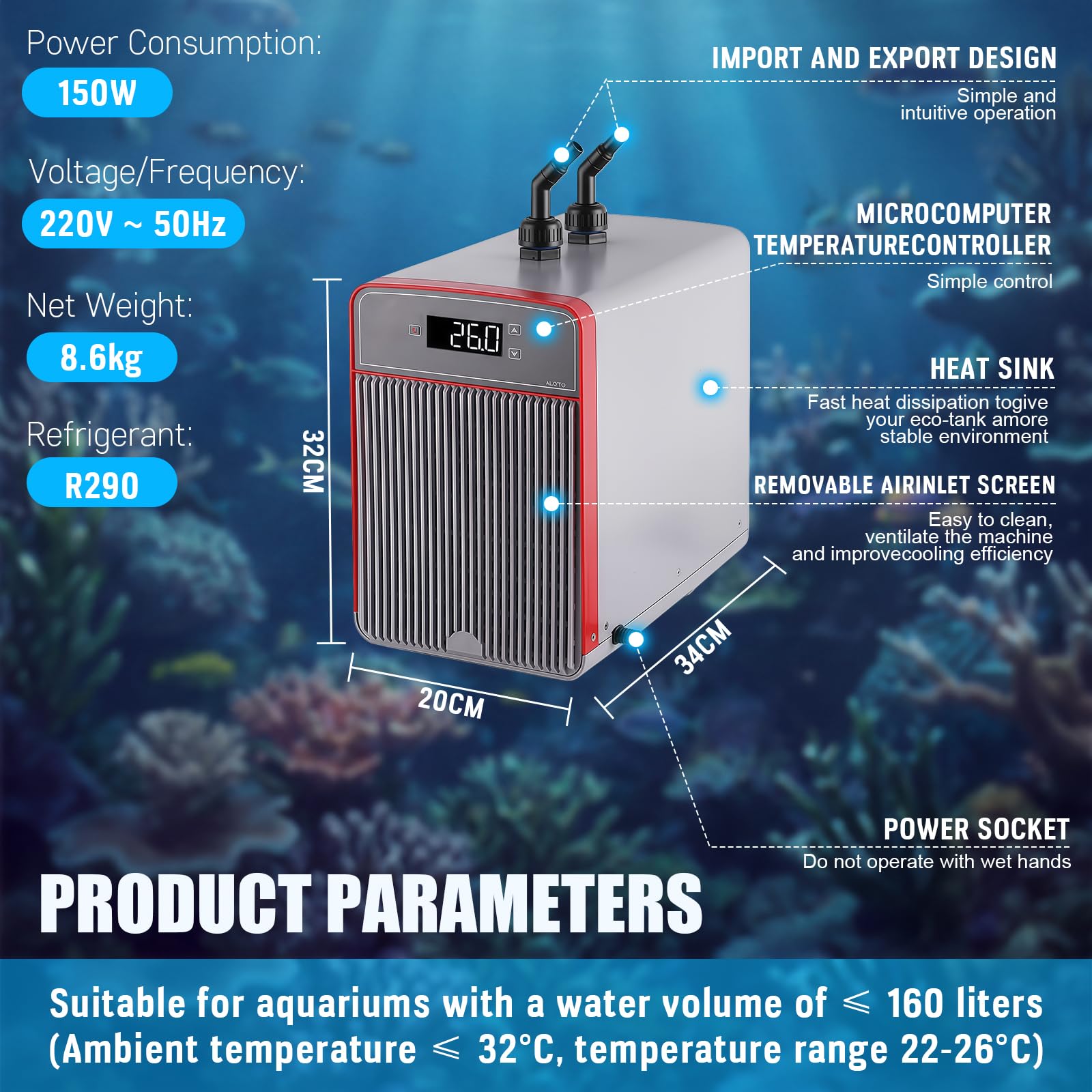 Refrigeratore Acquario 160L, Refrigeratore per Acquario D'acqua Serbatoio di Pesce Raffreddatore Acquario Silenzioso Raffreddamento Acquario con Compressore per Acquari, Meduse, Piante D'acqua