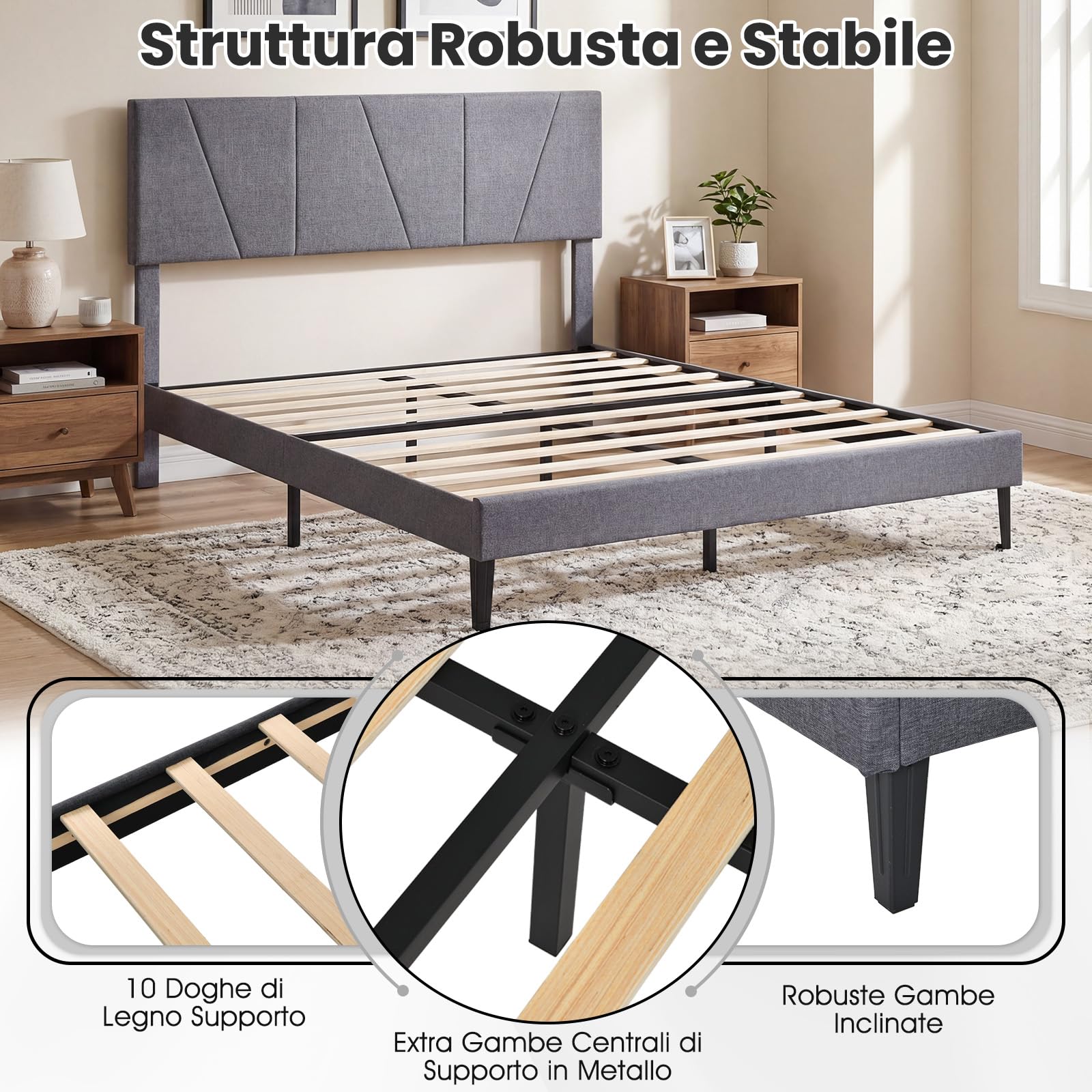 COSTWAY Struttura Letto Matrimoniale, Letto Piattaforma Rivestito in Lino con Testiera Regolabile in Altezza, Doghe in Legno a Supporto del Materasso, Silenzioso (200x160cm)