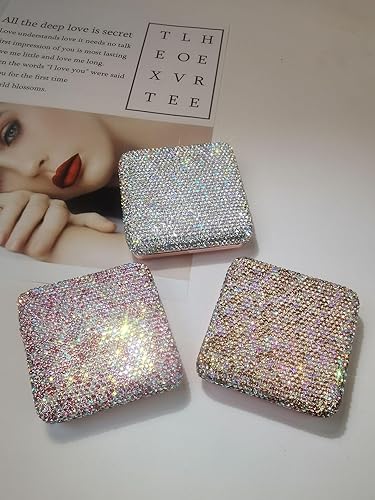 Makeup Powder Empty Box with Bling Diamond Loose Powder Compact Empty Container with Powder Puff and Mirror Refillable for Home or Trip - Golden(Pink)