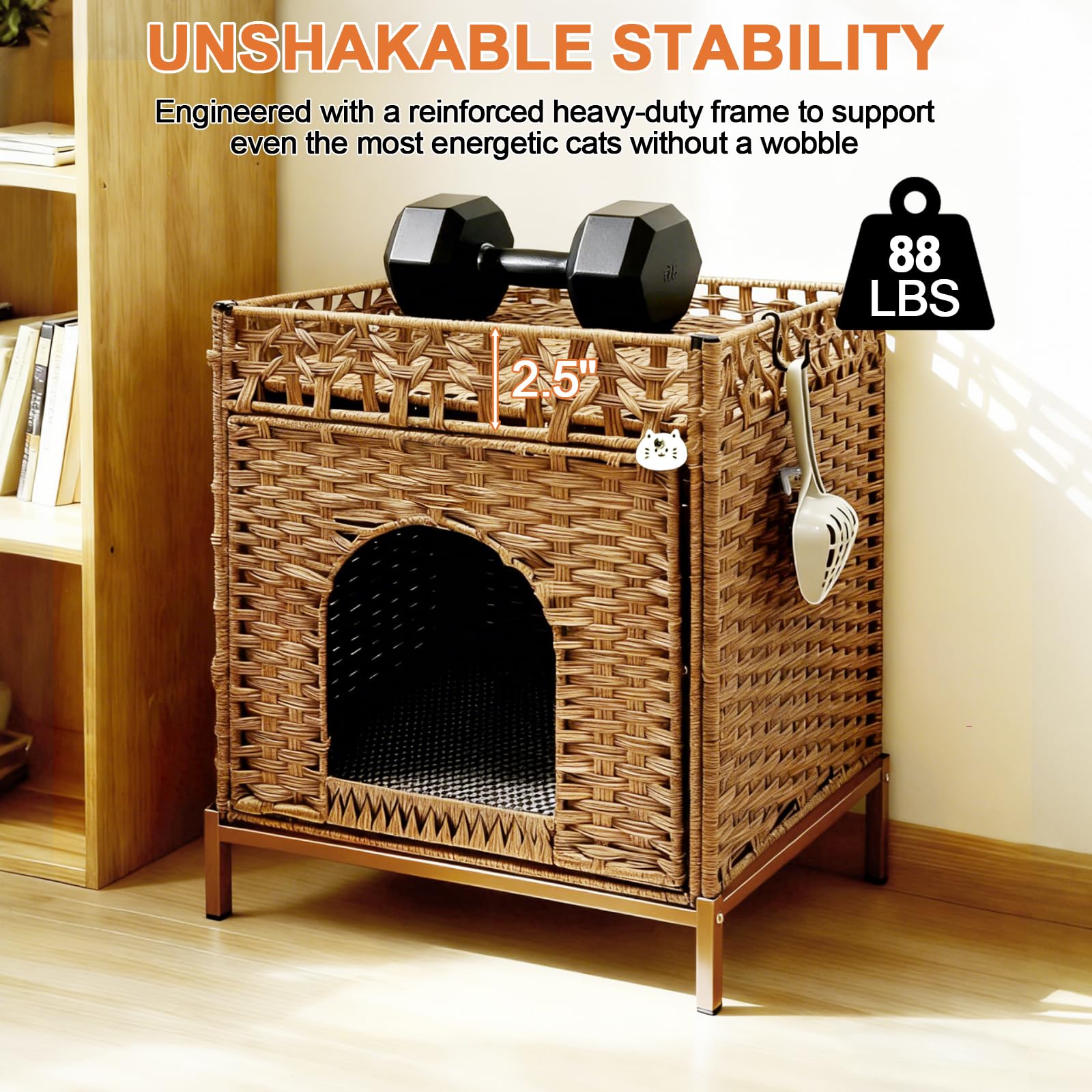Homegroove Lettiera per gatti nascosta, con tappetino morbido e recinzione, comoda cuccia in rattan intrecciata a mano, con ganci a forma di S, per soggiorno, camera da letto (noce)