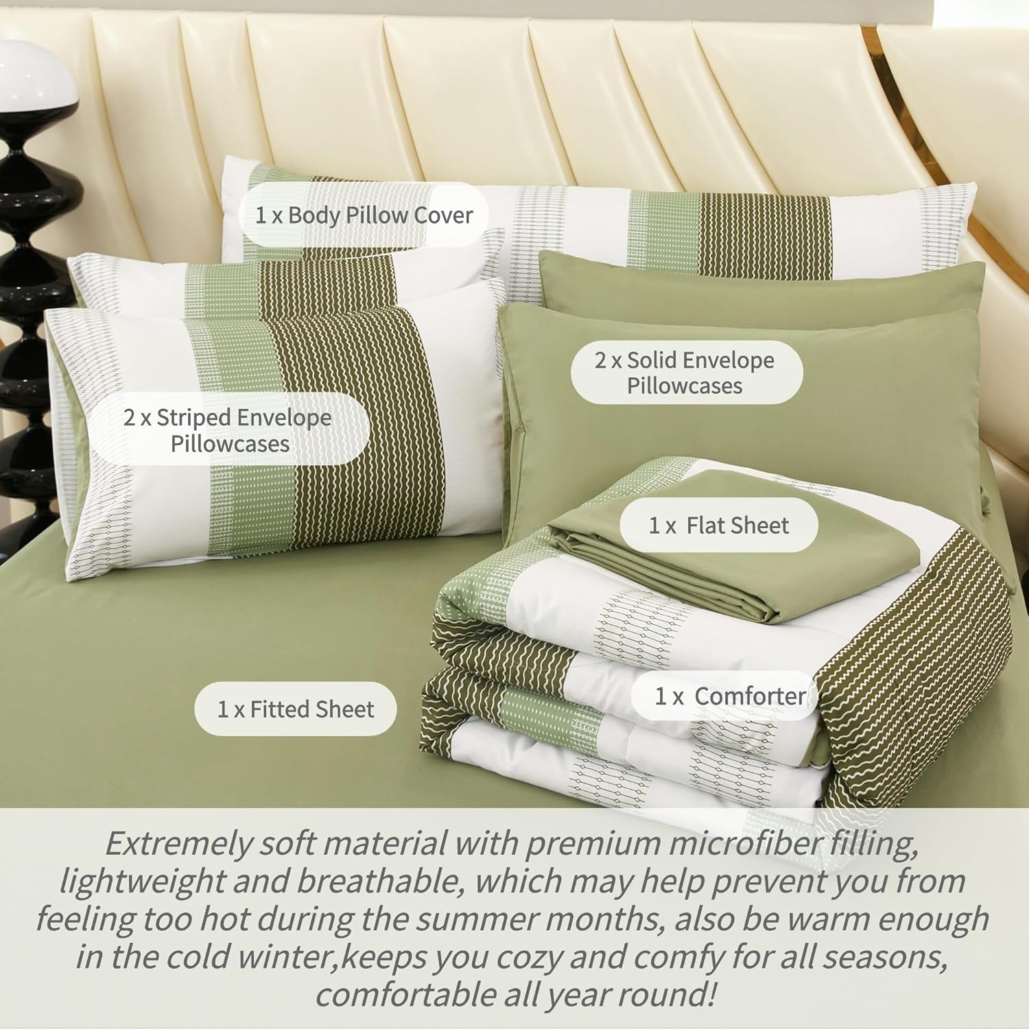 RYNGHIPY Olive Green Striped Bed Sets: 8 Pieces Soft Lightweight Bed in A Bag Queen Size Microfiber Down Alternative Comforter Sets with Corner Loops (Queen,Olive Green) - Image 6