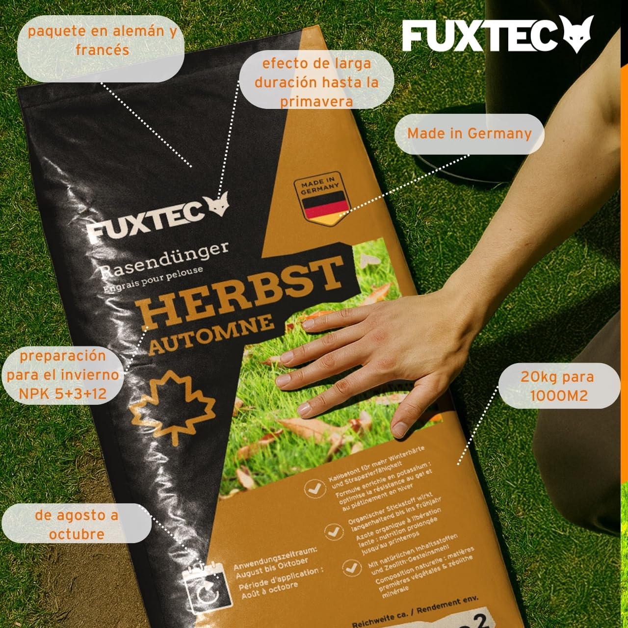 FUXTEC Abono césped alto en potasio FX-RDH20 • 20 kg hasta 500 m² • Ideal para otoño e invierno • Refuerza contra heladas • Liberación controlada • Fabricado en Alemania