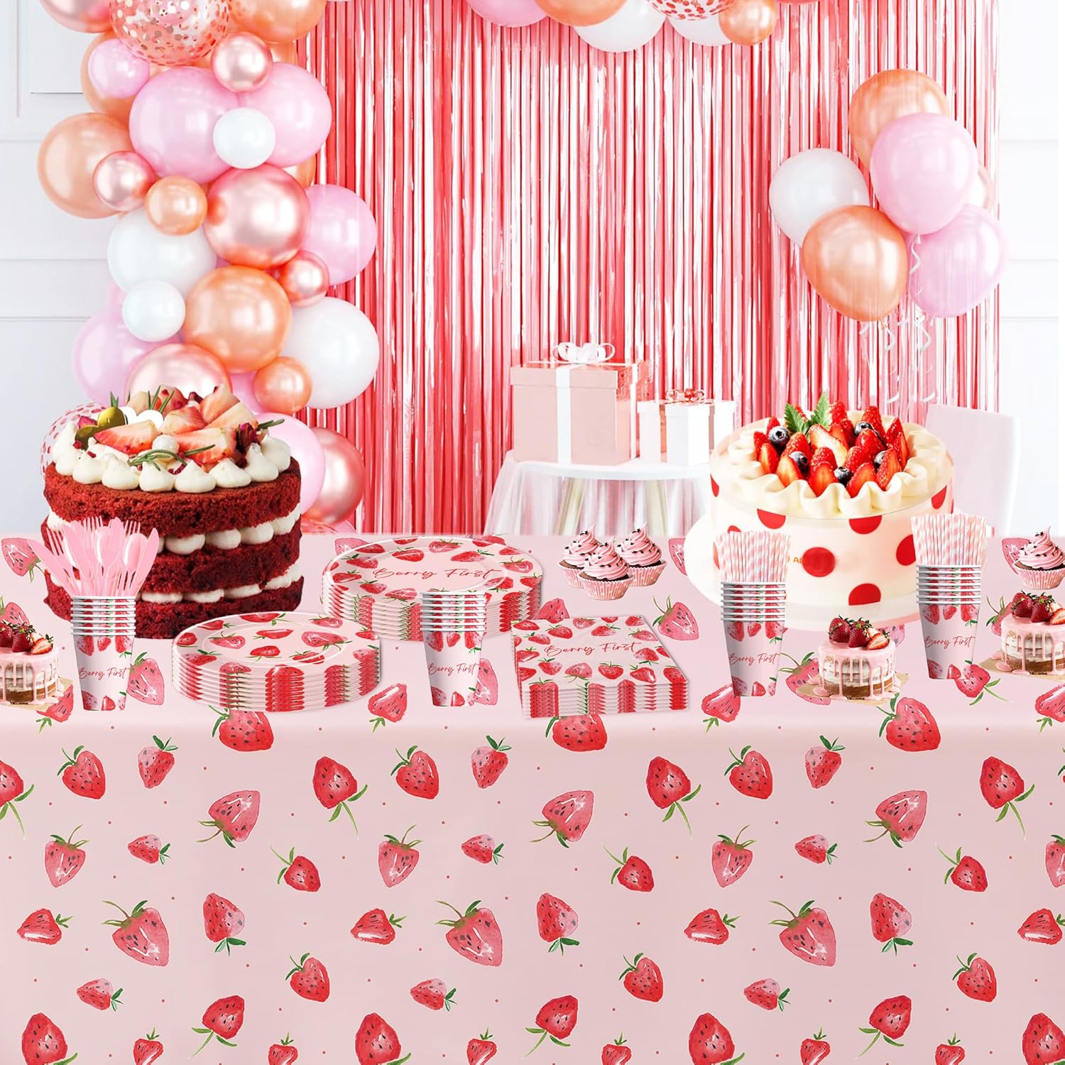 Strawberry Berry First Birthday Party Supplies - Strawberry 1st Birthday Party Decorations Tableware, Plate, Cup, Napkin, Fork, Serve 24 - Image 5