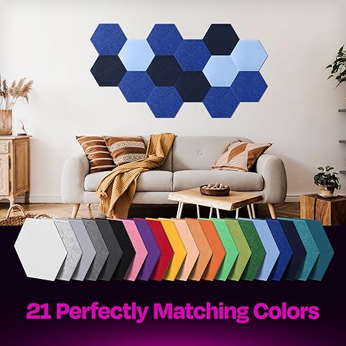 Miniatura 5 de Paneles insonorizantes de alta densidad para pared, forma hexagonal, paquete de 12 unidades de 12" x 10.4" x 0.4", color azul almirante