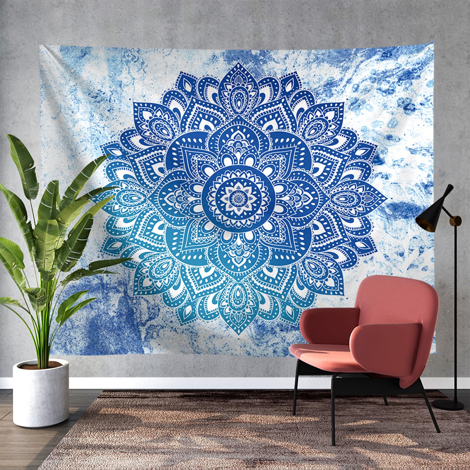 Yosugar Dywan ścienny do sypialni, chusta na ścianę, dekoracja pokoju, dywan ścienny w stylu boho, do dekoracji pokoju, sypialni, salonu (jasnoniebieska mandala, 200 x 150 szer. cm, bez ramki)