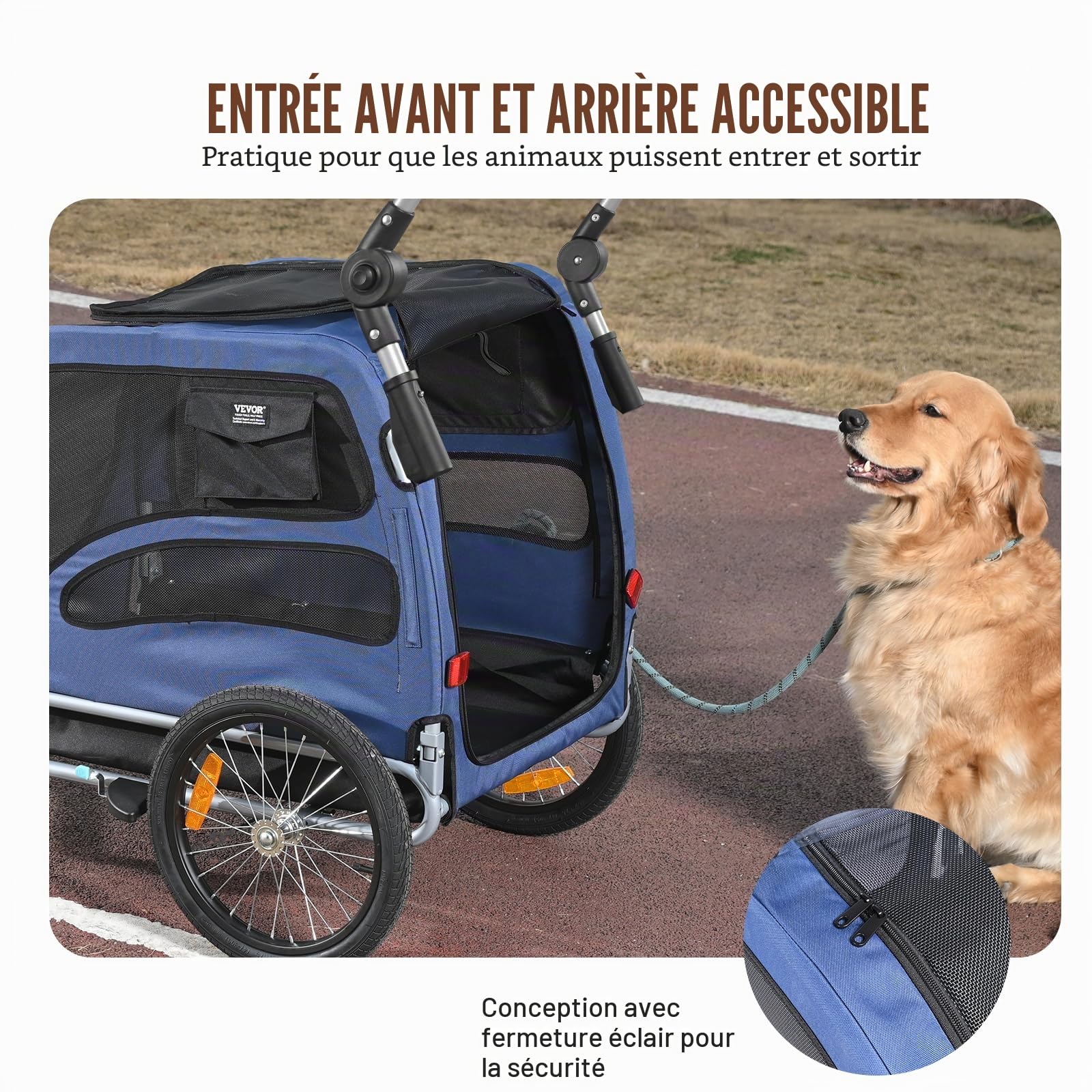 VEVOR Remorque de Vélo Chien Pliable Charge 45 kg Poussette d'Animaux de Compagnie 2en1 Cadre Facile à Plier avec Roues à Dégagement Rapide, Coupleur de Vélo Universel, Réflecteurs, Drapeau, Bleu/Noir