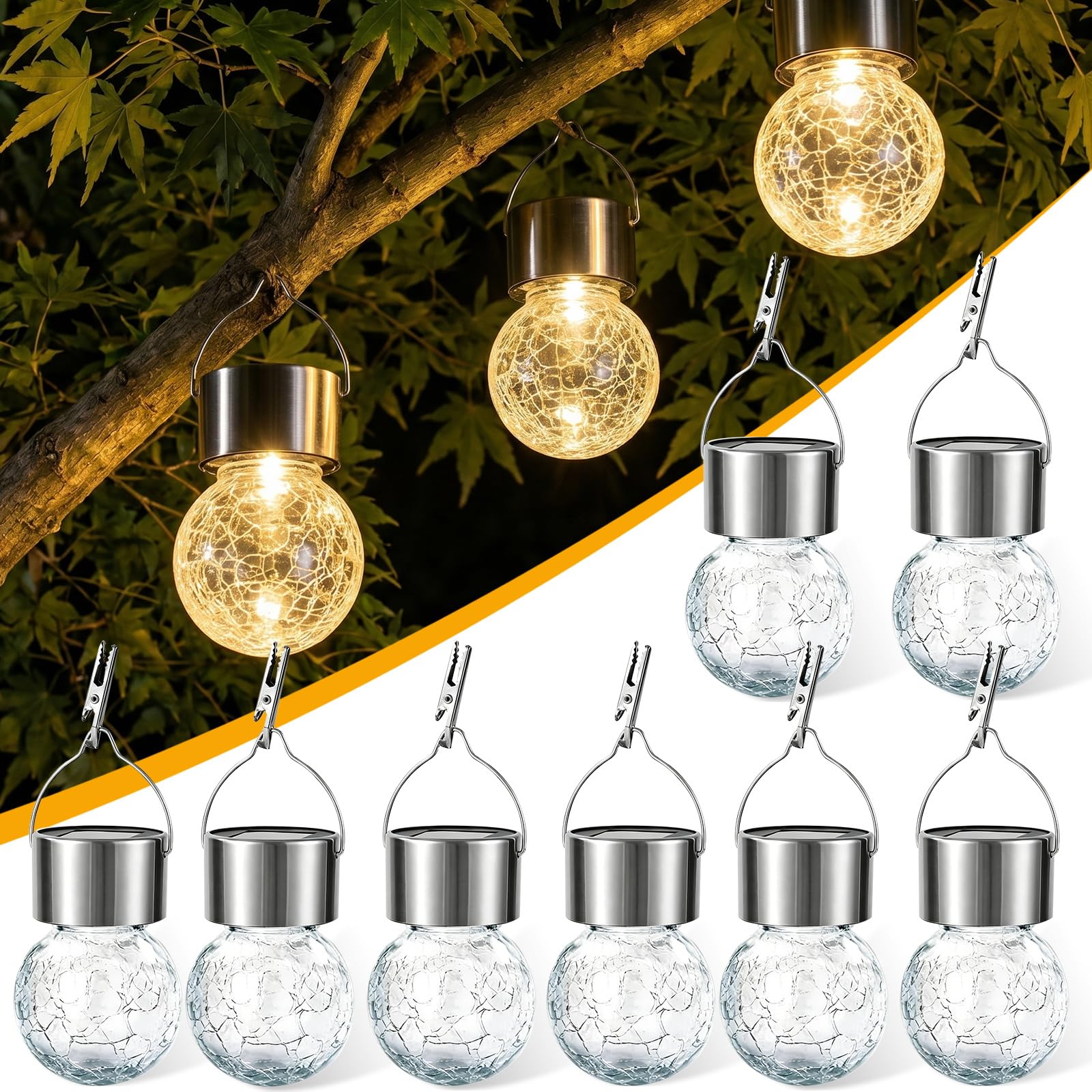 Innvist Yellow Hanging Solar Lights Outdoor Garden, 8 Pack Cracked Glass Hanging Ball Lights With Handle, Ip65 Waterproof Outdoor Lanterns Decorative Globe Lights For Garden Yard Tree Balcony Patio Gazebo