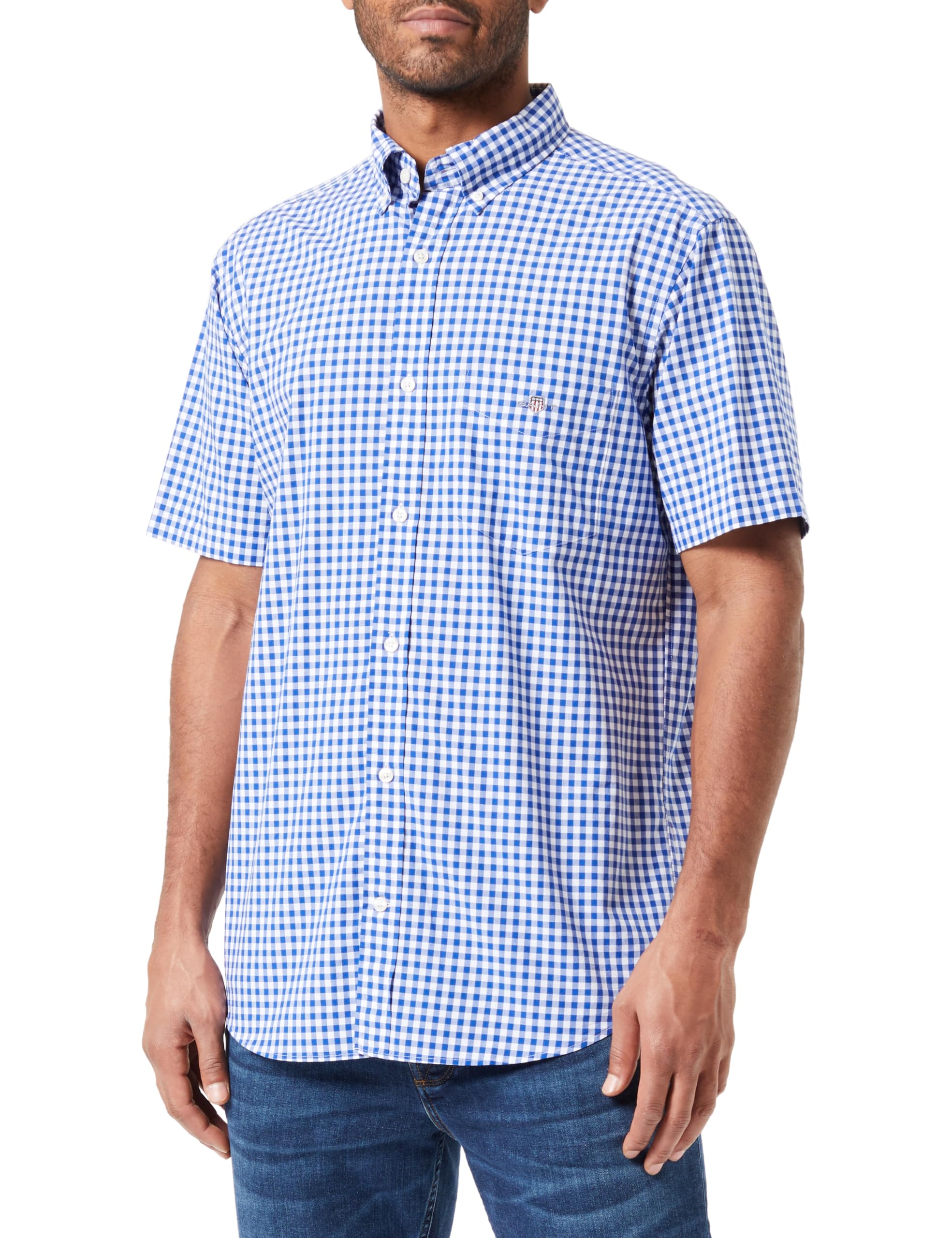 GANT Men's REG POPLIN Gingham SS Shirt, College Blue, XL
