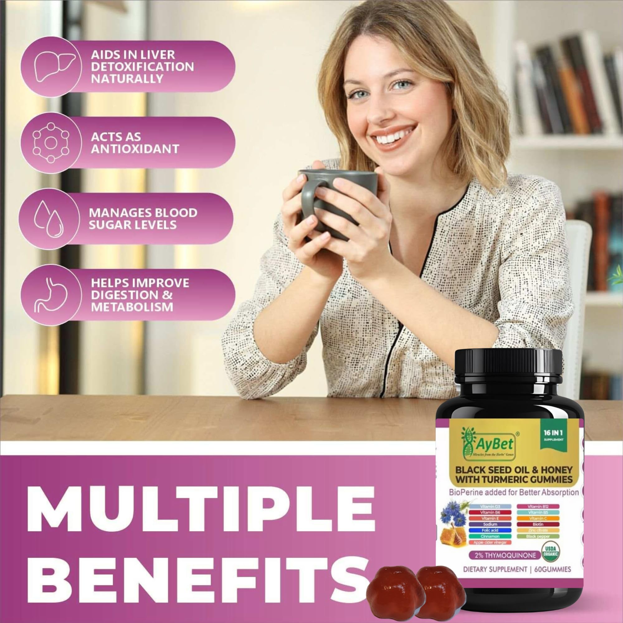 Black Seed Oil & Honey Gummies with Turmeric – 16-in-1 Supplement with Vitamins D3, B12, Biotin & Zinc –USDA Organic, Halal, Vegan, 2% Thymoquinone, 60 Gummies — Amazon image 6