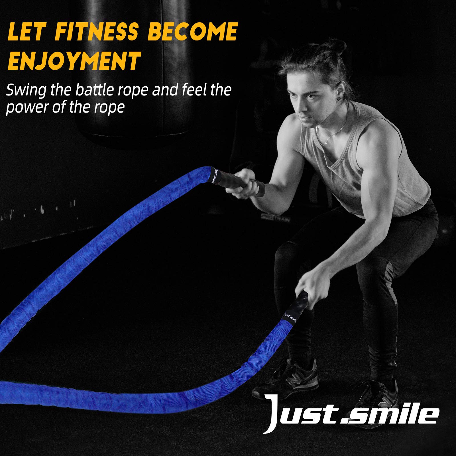 Just.smile Corde da combattimento per palestra domestica, corda da allenamento, corda elettrica con copertura, ancoraggio in acciaio e cinghia inclusa, corde pesanti per allenamento – 1,5/2 pollici