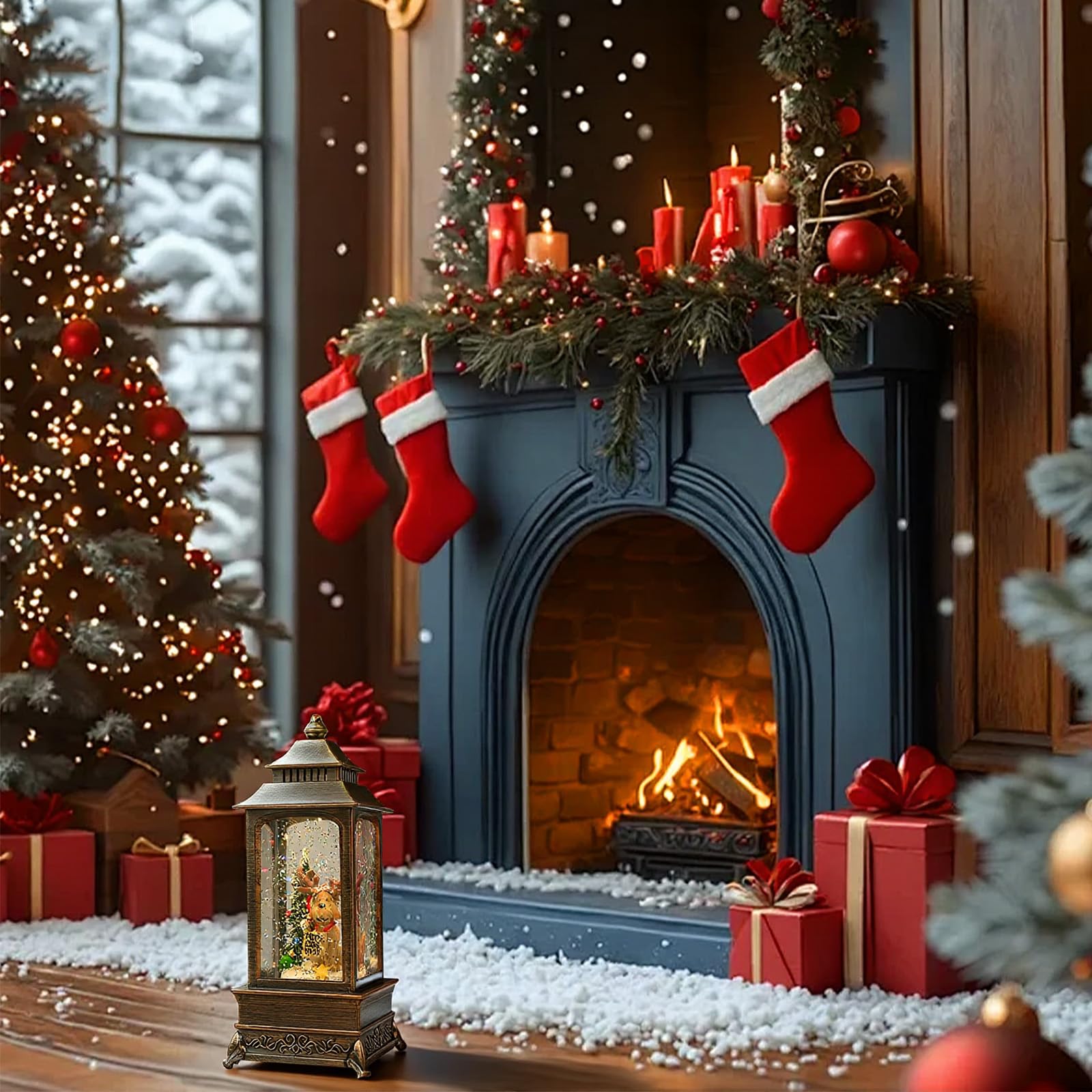 Gerbala Weihnachts Schneekugel Laterne, Schneekugel Weihnachten mit Musik, Weihnachts Schneelaterne, Leuchtend, USB/Batteriebetrieb, Laterne Weihnachten für Weihnachtsdeko und Geschenk-02
