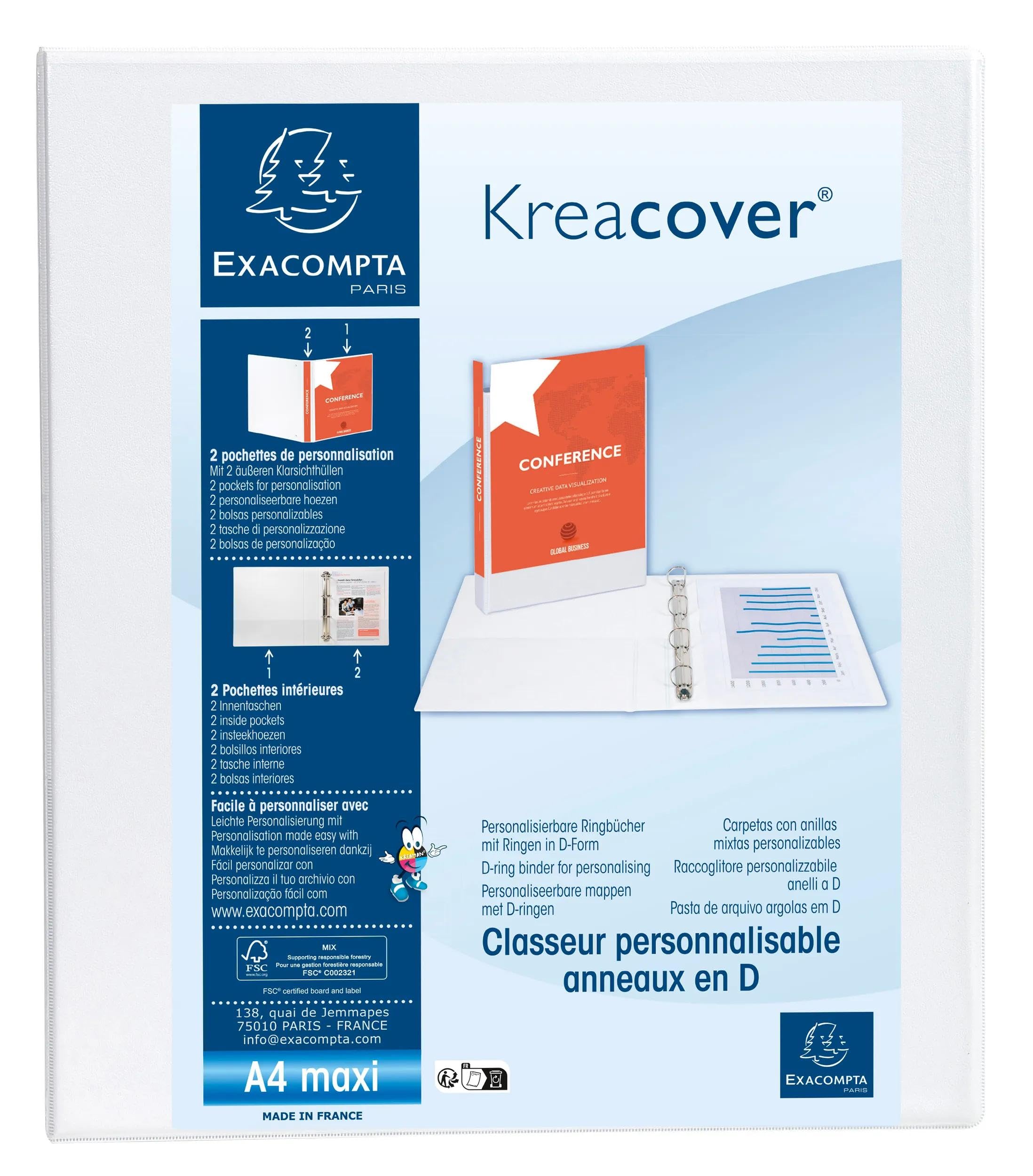 Exacompta - Ref 51923E - Box of 10 Customizable Binders 2 Pockets - 2 x 40mm D-Rings - Spine 64mm - External Dimensions: 32 x 28.5 cm - A4 Maxi File Format - White