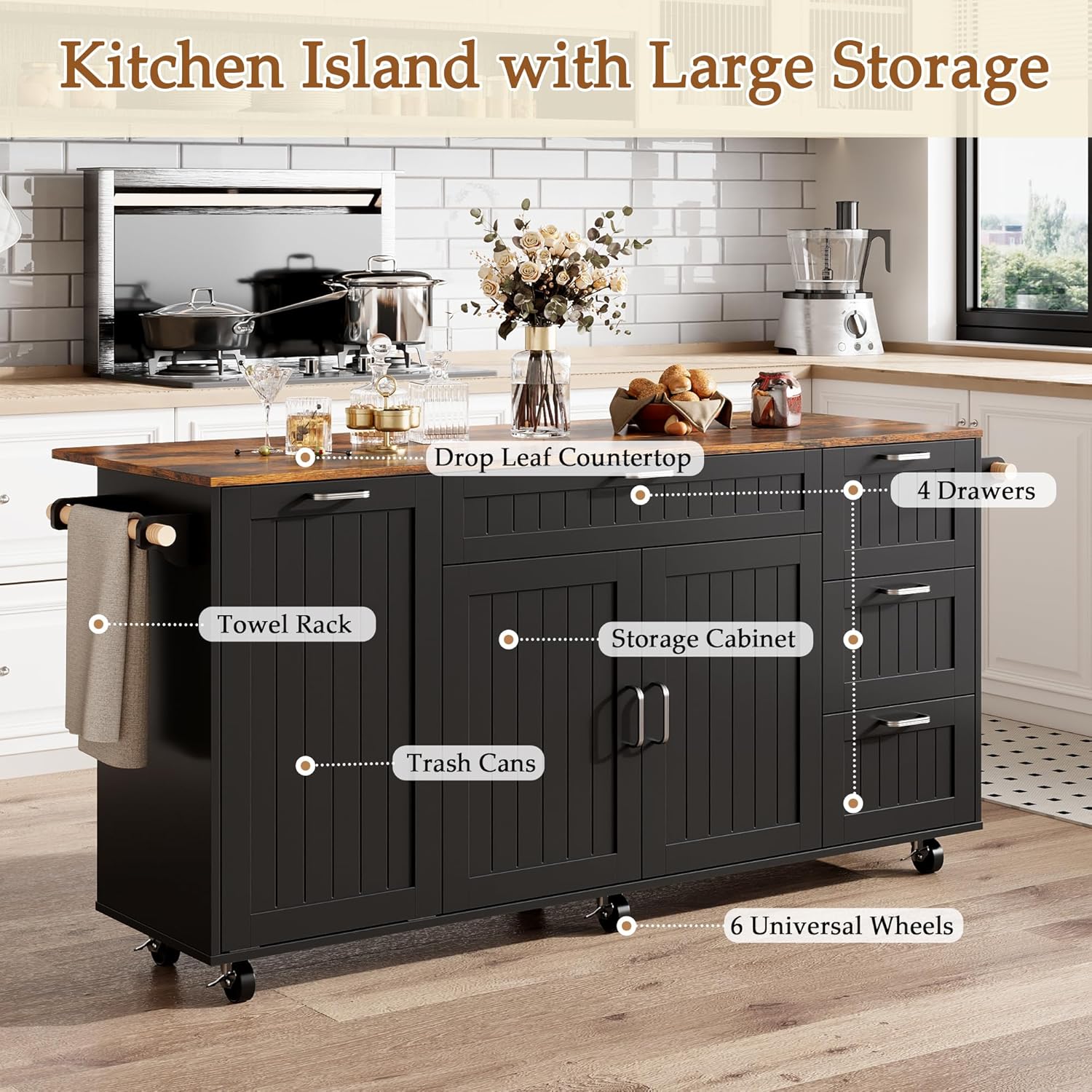 ECACAD 63" Kitchen Island Cart with Folding Drop Leaf & Trash Can Cabinet, Kitchen Rolling Island with Drawers, Doors, Adjustable Shelf & Towel Racks, Mobile Island Table with Wheels, Black & Brown