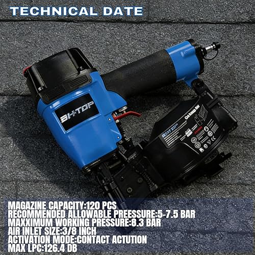 BHTOP CN45N - Clavadora para techos, pistola de clavos para techos de 15 grados, clavos de bobina de 3/4 a 1-3/4 pulgadas, 120 piezas de capacidad