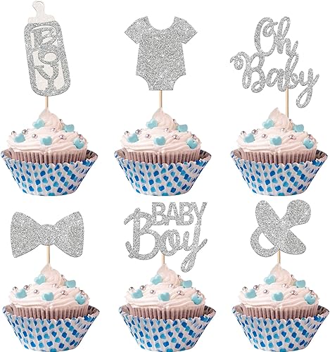 Paquete de 24 adornos para cupcakes para bebés, niños y niñas, con purpurina para chupete, enterizo con lazo, revelación de género, para cupcakes,