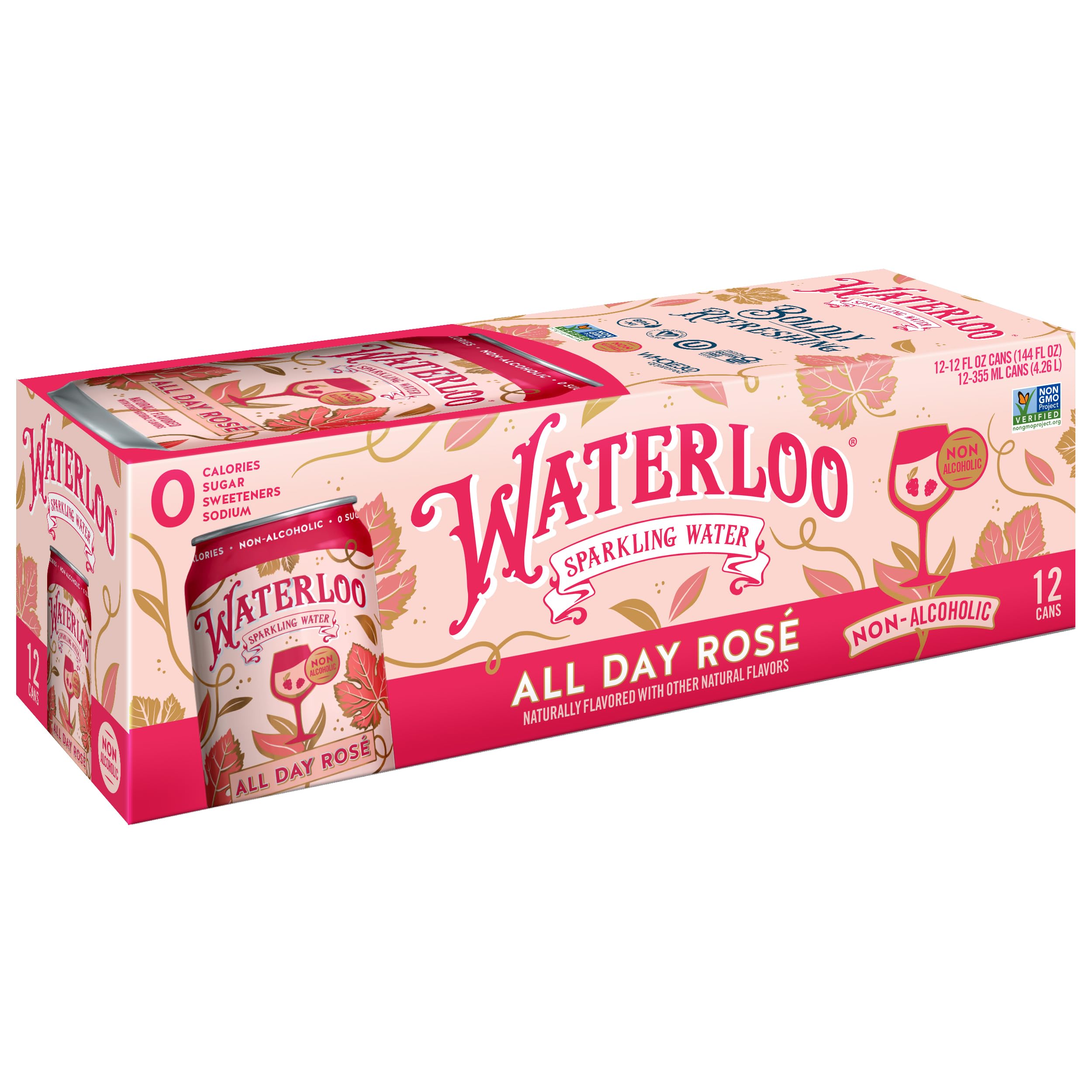 Waterloo Sparkling Water, All Day Rosé Naturally Flavored, 12 Fl Oz Cans (Pack of 12) – Zero Calories and Zero Sugar or Sweeteners
