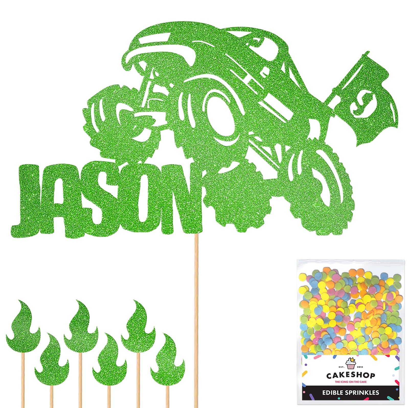 Personalised Off-Road Monster Truck 4x4 Glitter Topper- Green Custom Name Hot Wheels Glitter Cake Decoration and Sprinkles - Happy Birthday Decorations - Personalised Toppers for Cakes by Cakeshop