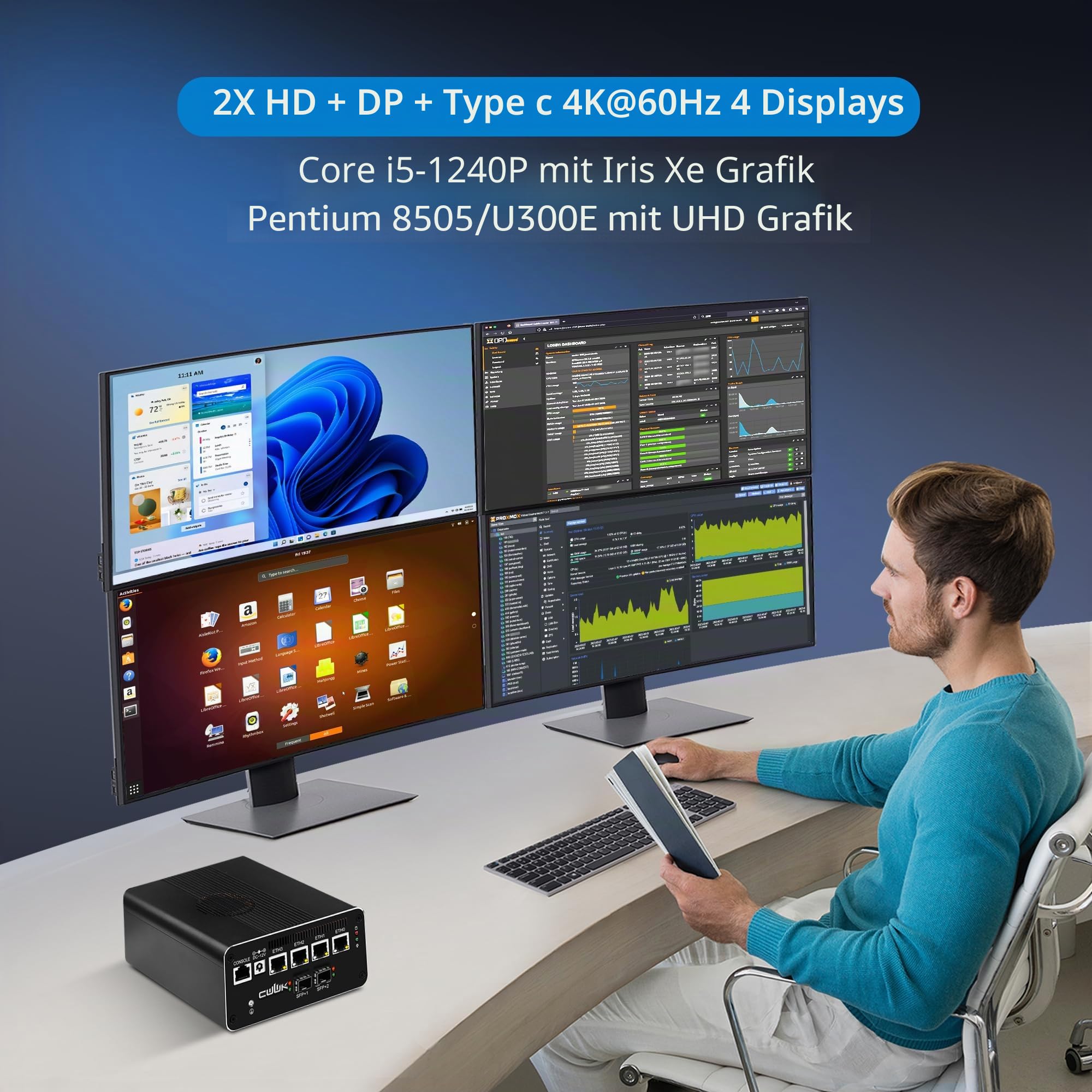 CWWK Mini PC U300E Firewall Appliance, 2 x 10GbE SFP+ Mini Computer mit 4 x i226-V 2.5GbE LAN, S4 OPNsense Micro PC Barebone NO RAM/SSD/OS, PCIe4.0x4, 4 Display, USB-C, TF, AES-NI