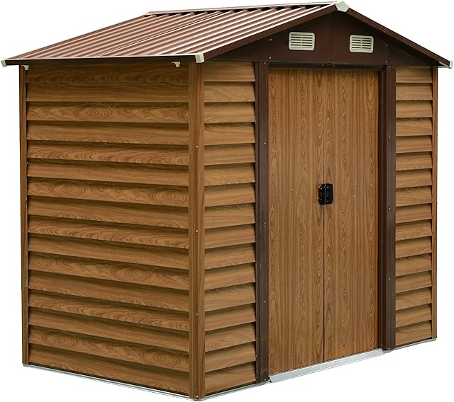 Outsunny 8ft x 6ft Outdoor Metal Garden Shed House Hut Gardening Tool Storage with 4 Ventilation Brown 236L x 196W x 208H cm