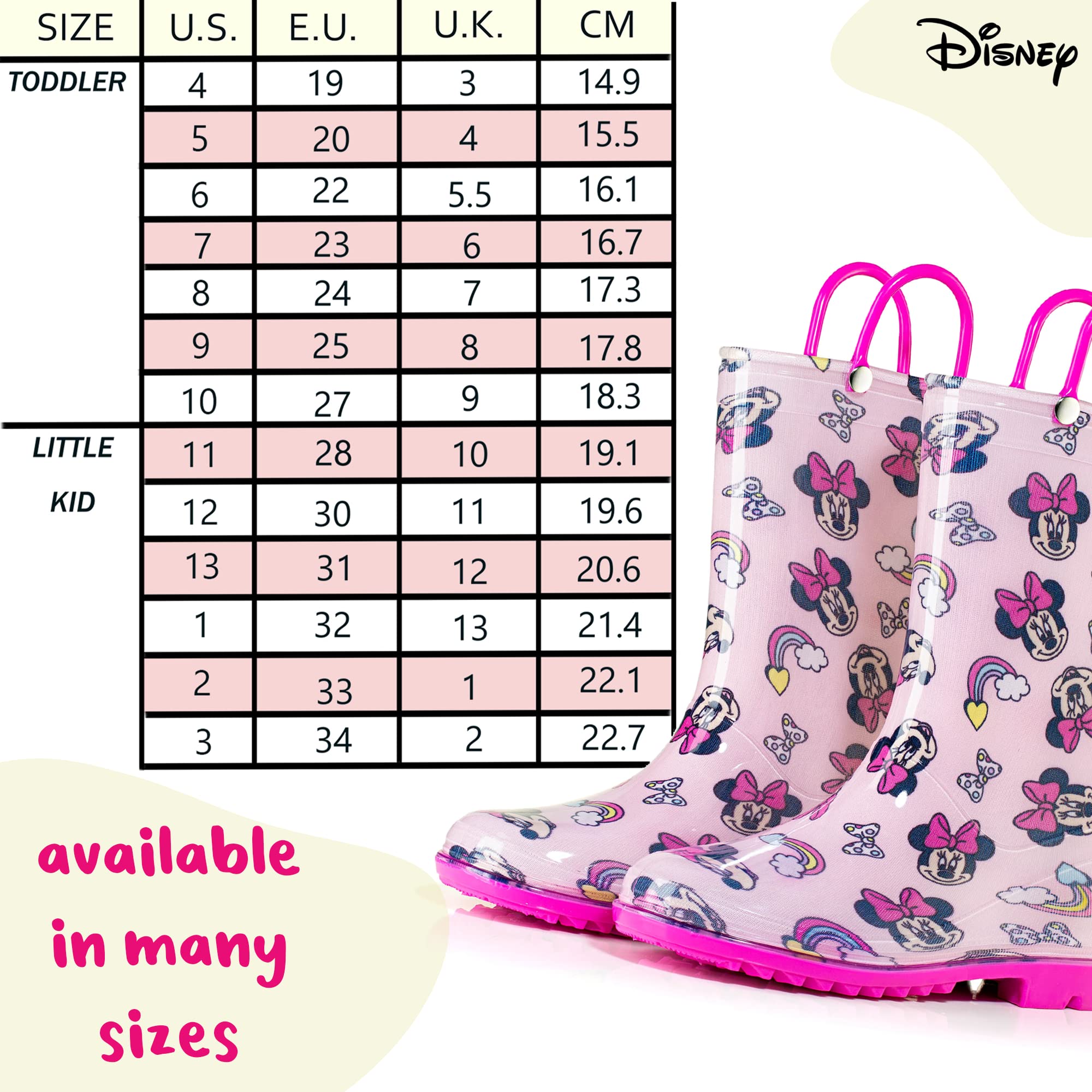 Disney Minnie Mouse - Botas de lluvia impermeables de PVC para niñas con asas fáciles de poner, tallas para niños pequeños y niños pequeños