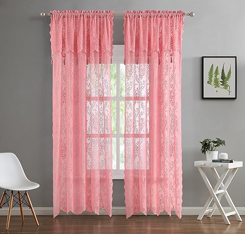 Miniatura 12 de LinenZone Par de 2 paneles de cortina de encaje con cenefa adjunta y 6 borlas. Cortinas de encaje transparente para sala de estar, comedor,