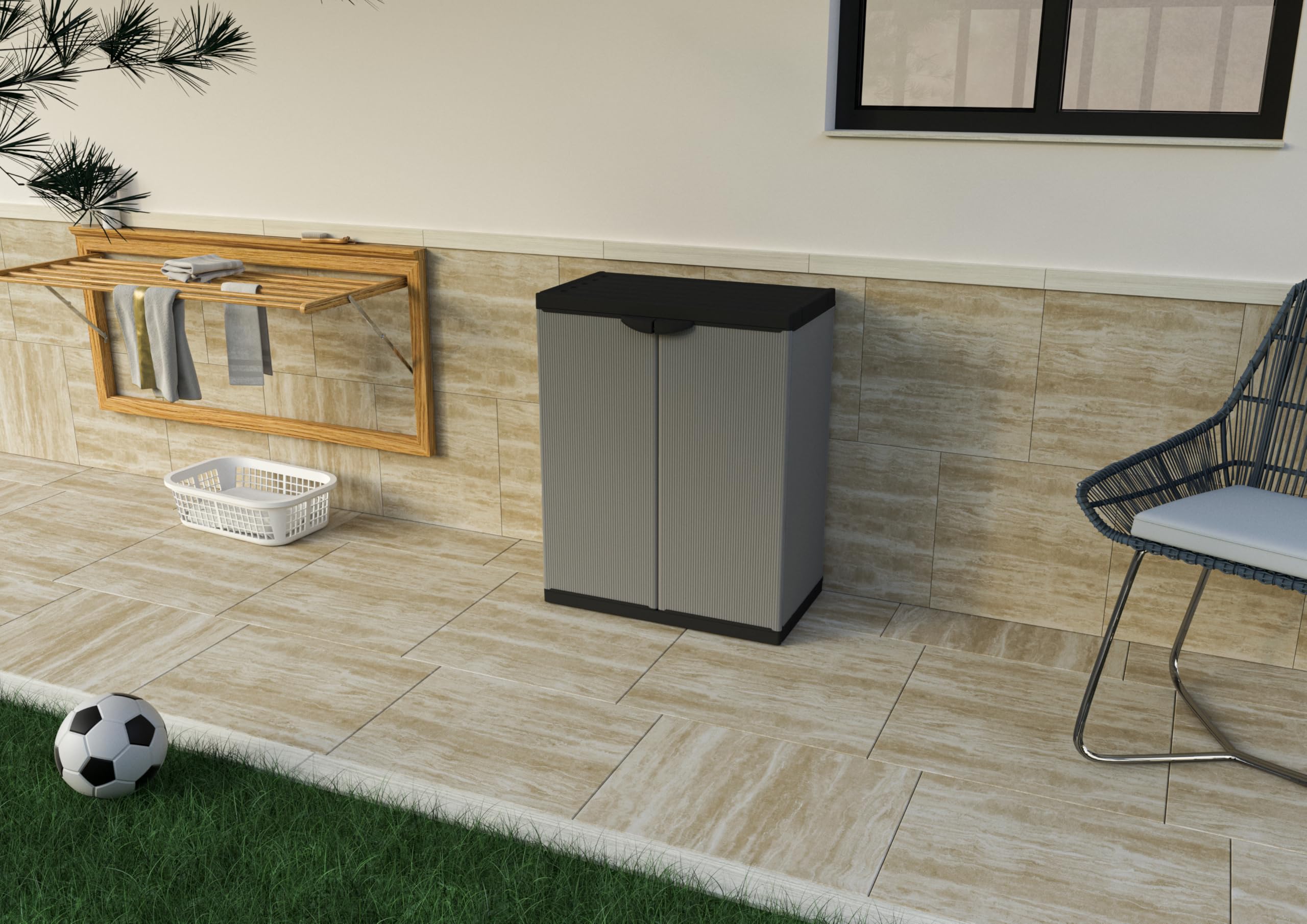 Adventa: Armadietto in resina di PVC e PP, 2 Ante, 1 Ripiano, Facile da Montare, Modular System, Resistente, Adatto ad ambienti Interni ed Esterni, 68L x 40P x 85H cm, Grigio e Nero