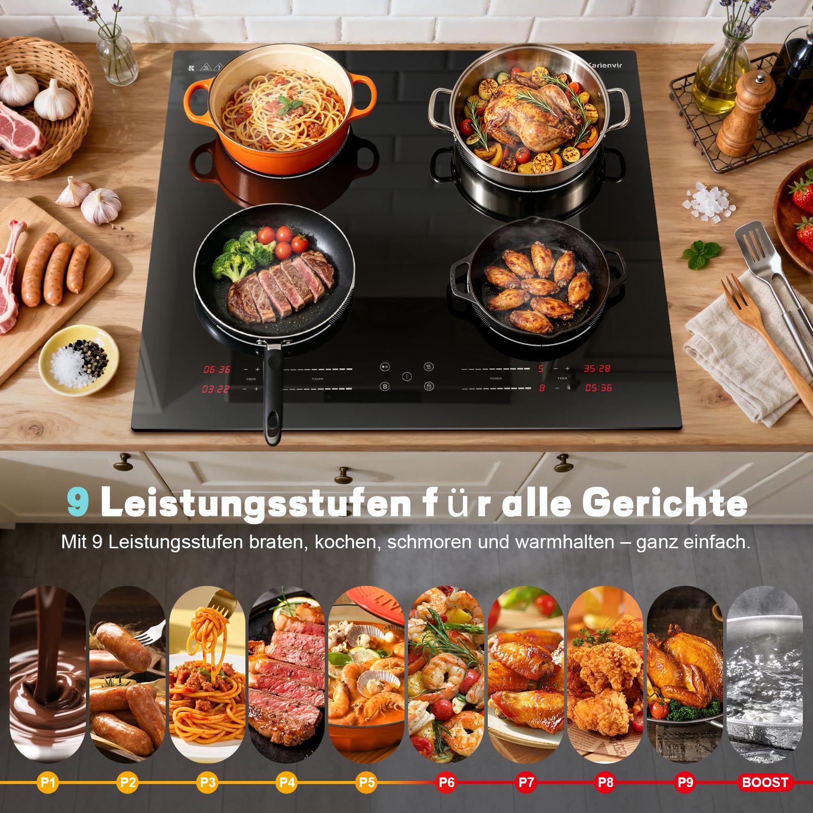 Induktionskochfeld 60cm Leistung Boost, Kochfeld Induktion 4 Platten, 7200W | 9 Leistungsstufen, Zonierte Touch-Bedienung, Timer 1-99 Min, Kindersicherung, Autarkes Einbau Induktionsherd