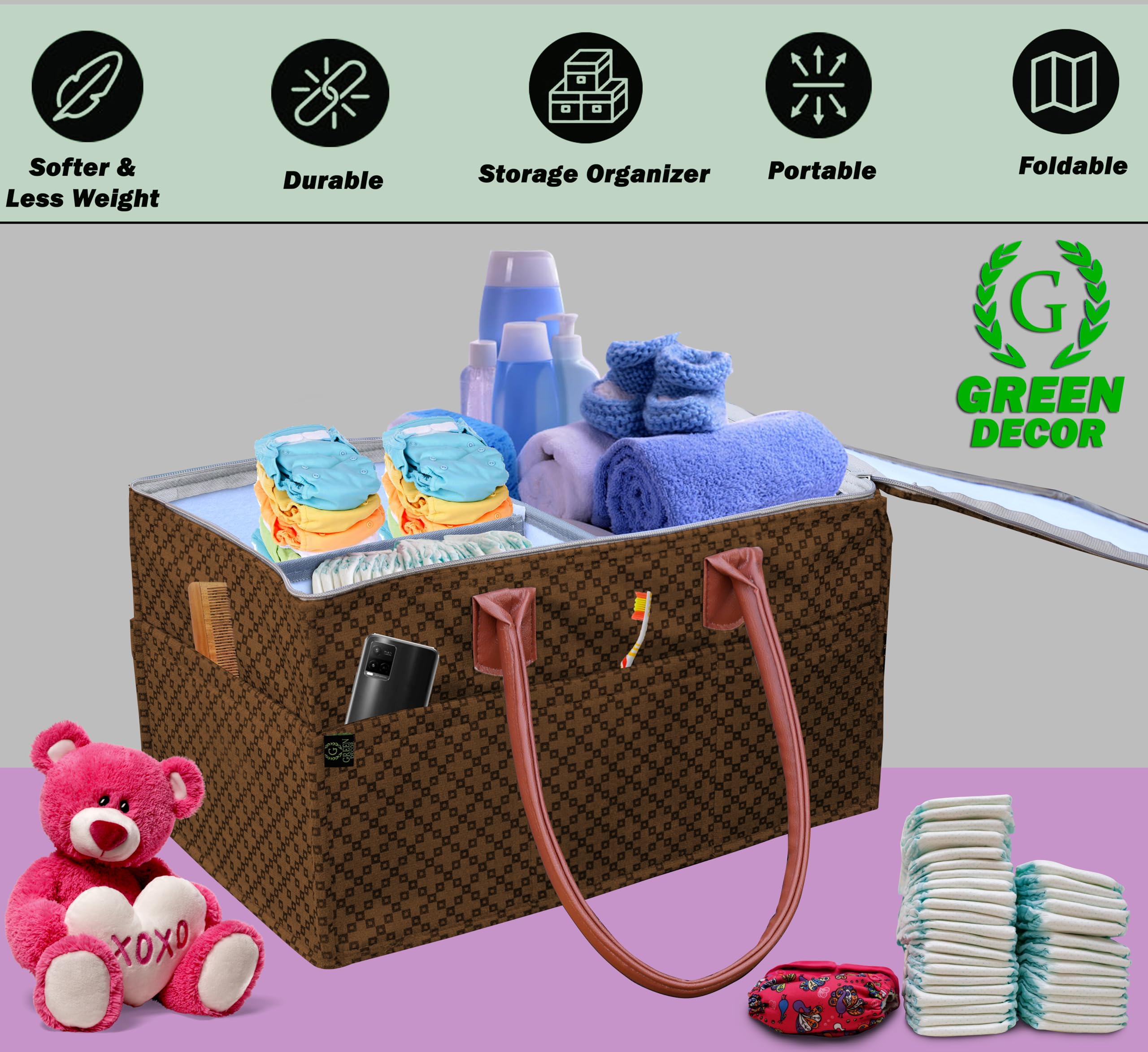 GREEN DECOR - Non Woven Fabric Cute Diaper Caddy Bag with Handles & Zip Lock for Smart Mothers Baby Diaper Caddy Wipes Felt Storage Organizers,Foldable and Portable(Dotted Coffee-15X10X8 Inch) 3