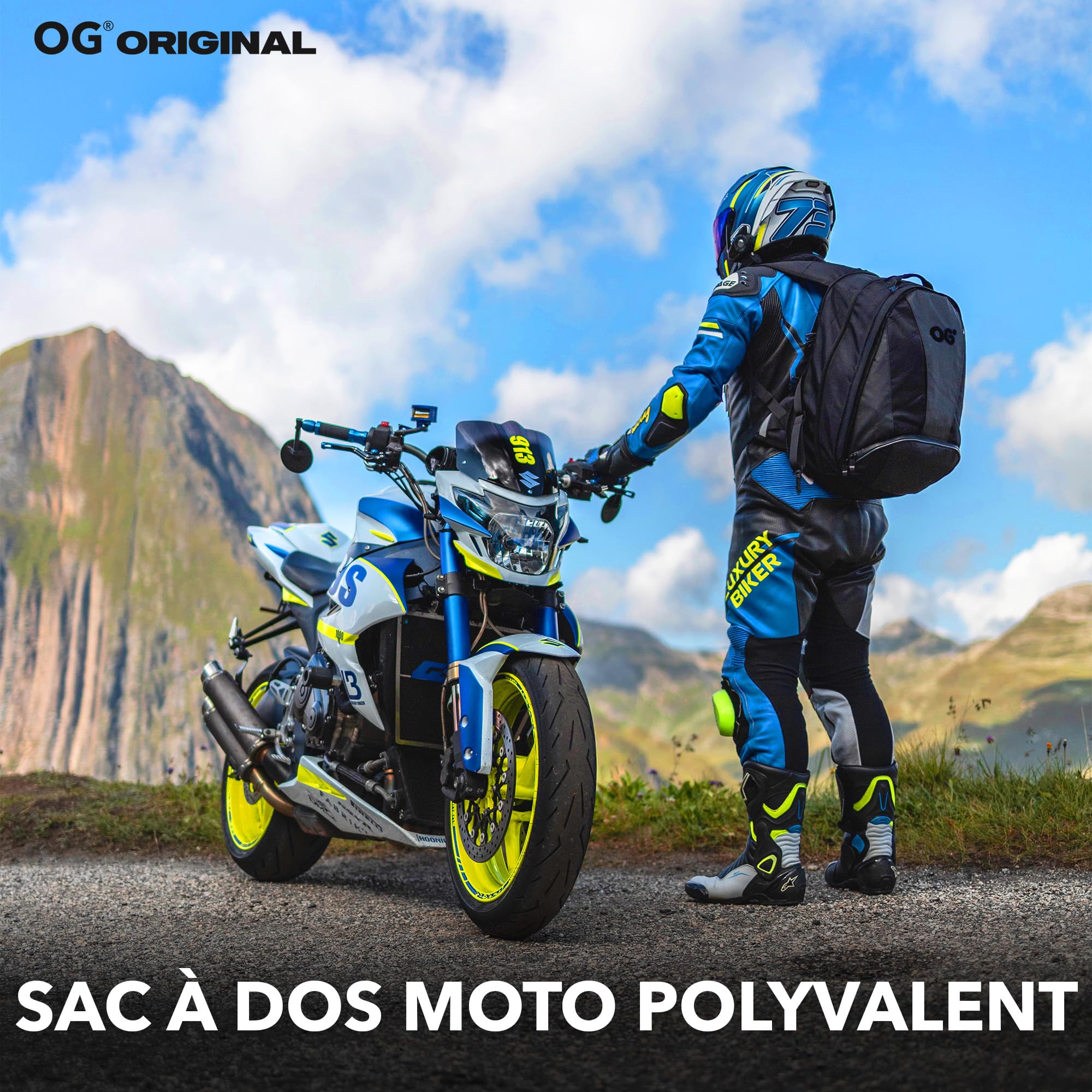 OG Original EZ-RiderPRO Sac à Dos Moto Noir Extensible 28-35L, Sacoche Porte-Casque Motard, Sangle Casque, Étanche, Portable, Réfléchissant, Logo Noir