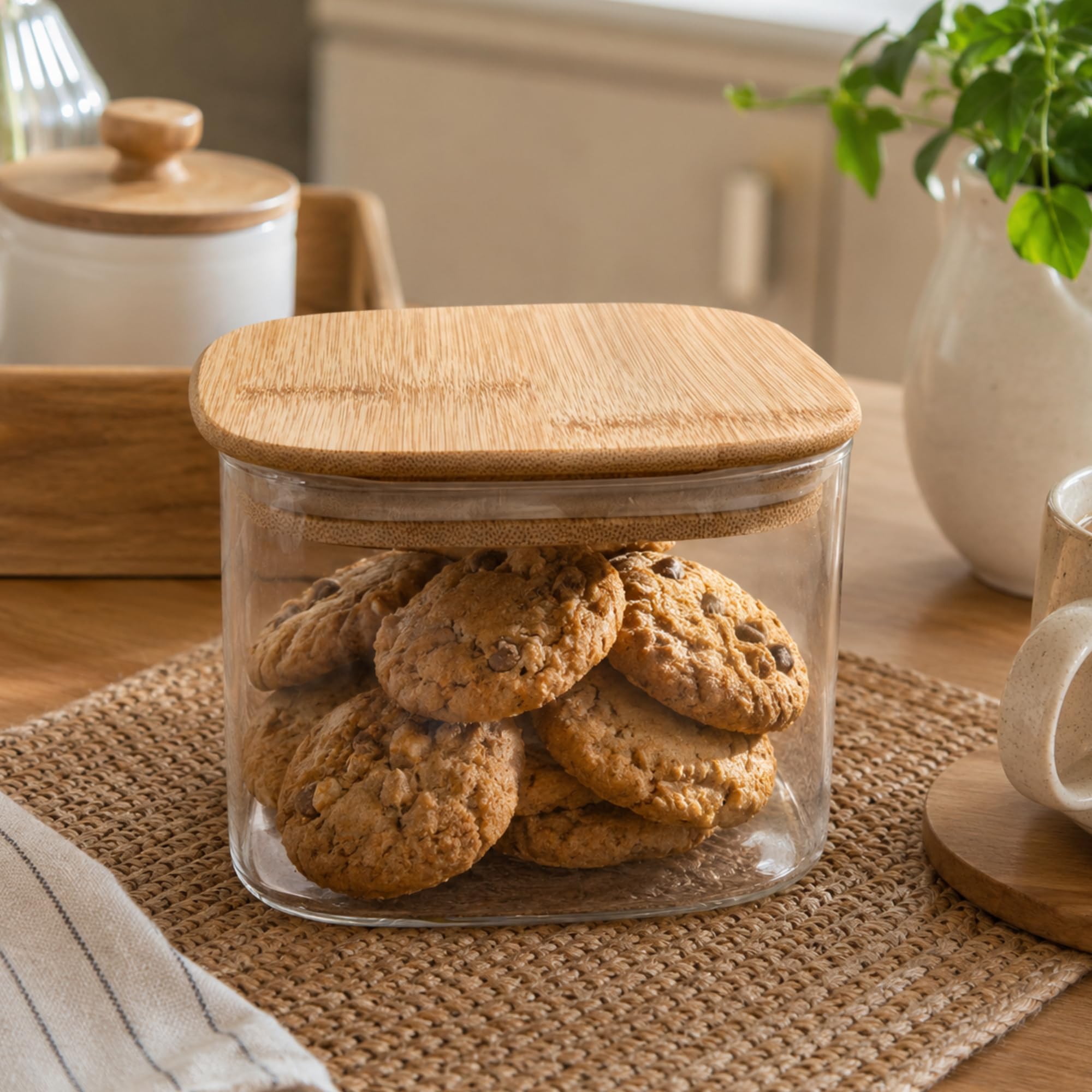StacPro Airtight Square Glass Storage Jar with Bamboo Lid, 500ml Multipurpose Kitchen Container for Coffee, Tea, Sugar, Masala, Spices & Dry Fruits | Modern Transparent Pantry Organizer (Pack of 1)