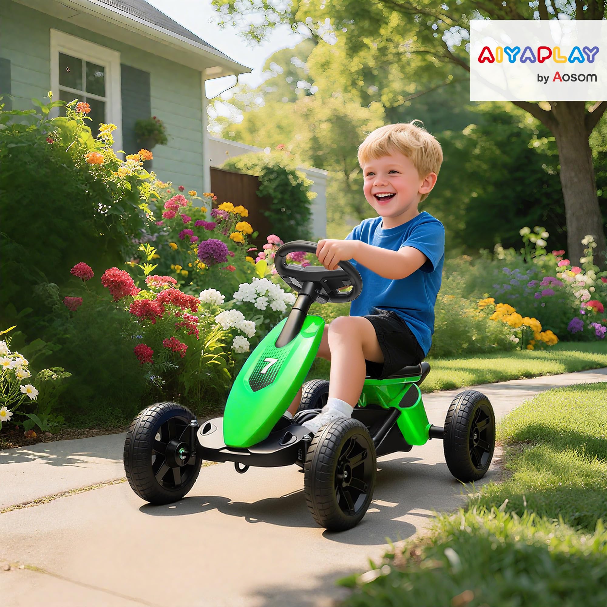 AIYAPLAY Kart a pedales para niños, go-Kart para niños con ruedas de EVA silenciosas, avanzar y retroceder, coche a pedales para niños de 2 a 5 años, color verde