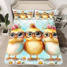 Cute Chick Kids Fitted Sheet Twin Size,Sketch Daisy Flowers Bedding Set,Boys Girls Room Decor,Cartoon Chicken Livestock Farm Animal Rustic Bed Cover,Yellow Bed Sheet,1 Pillowcase(No Flat Sheet)