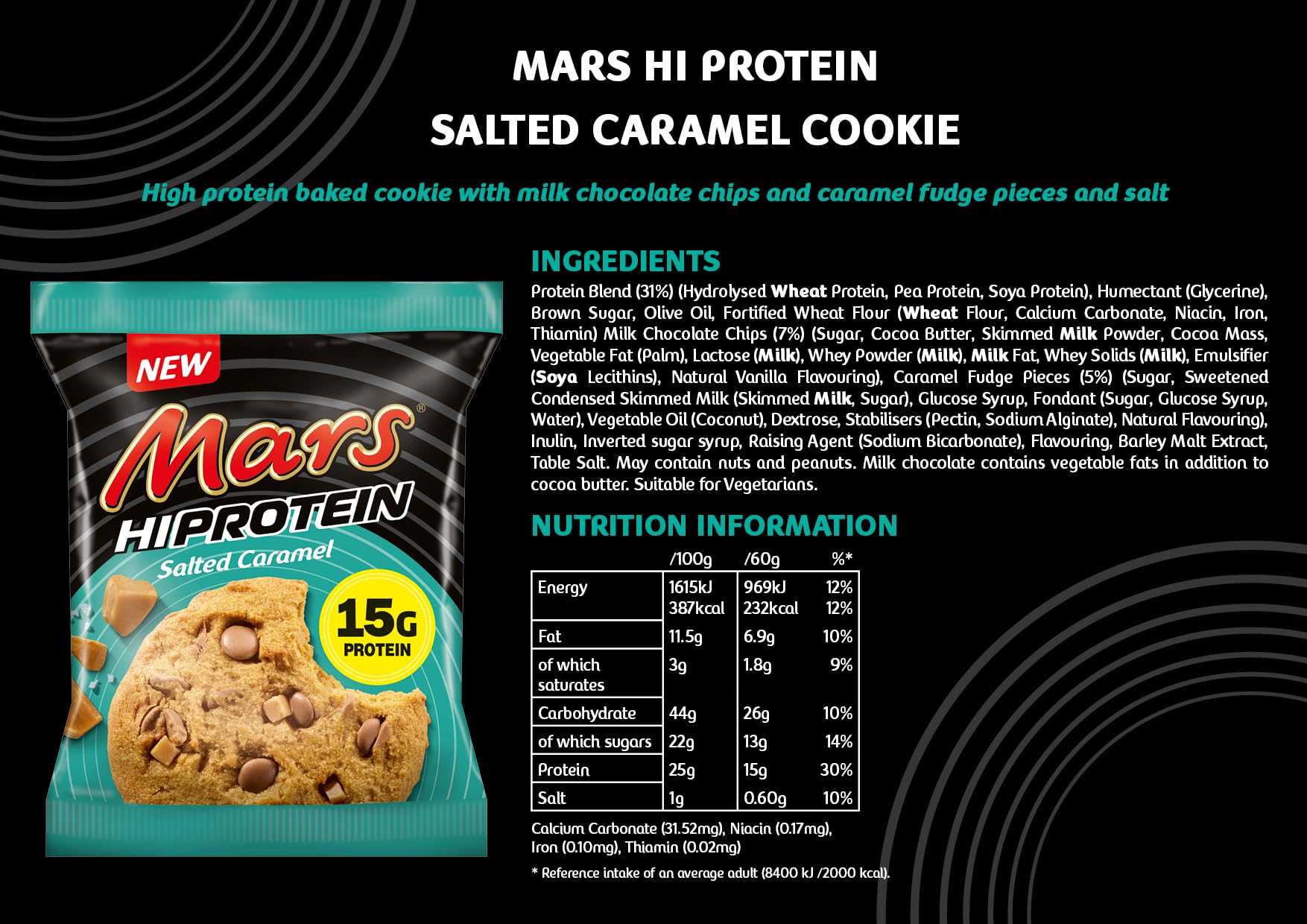 Mars – Cookie High Protein – Salted Caramel (12x60g) – 15g de protéines par cookie – Parfait après l’entraînement ou comme encas – Haute teneur en protéines – Faible en sucre – Saveur caramel salé