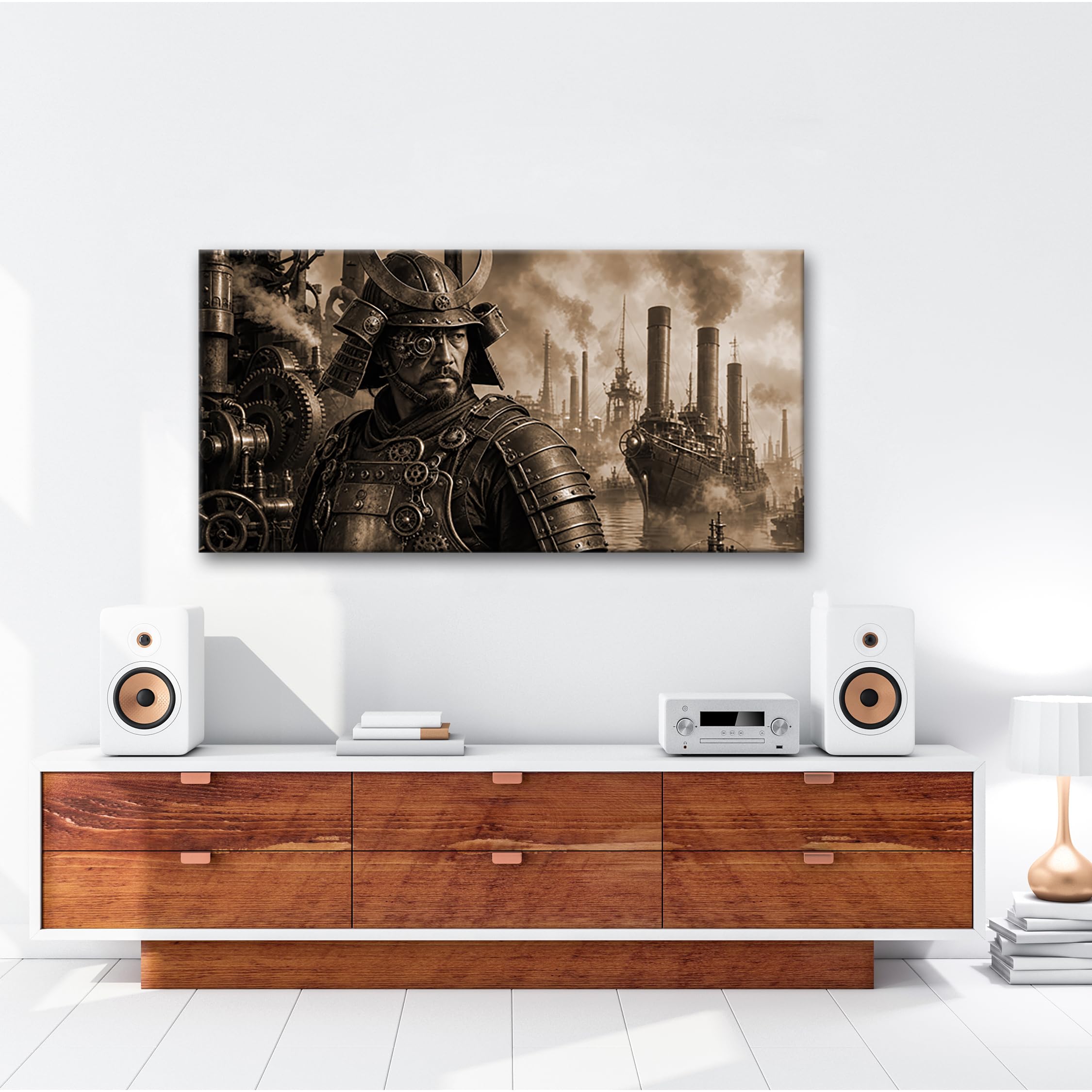 deyoli Obraz na płótnie Steampunk Samurai przed portem przemysłowym 60 x 30 cm Sepia