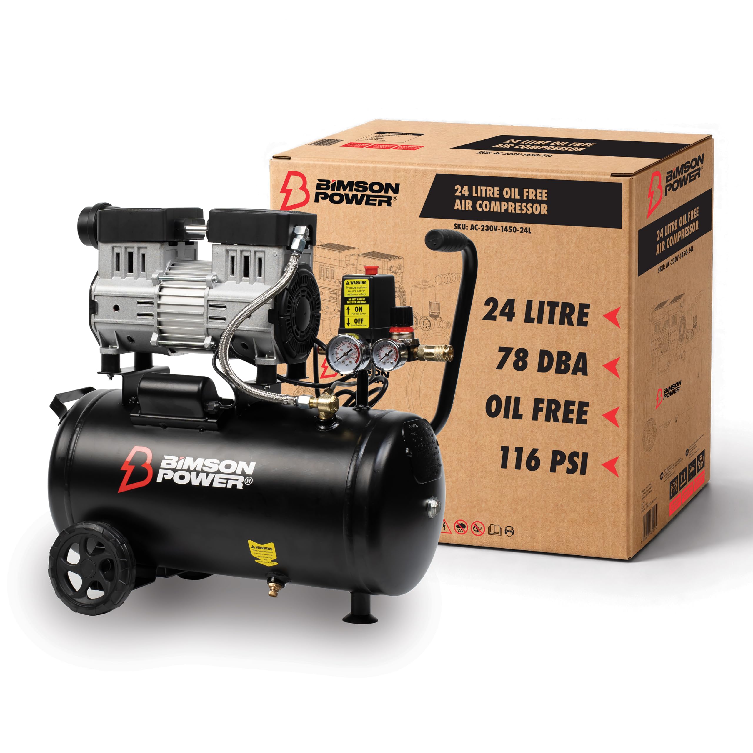 Bimson Power Oil Free Air Compressor, 24 Litre Tank Capacity - 230V Black