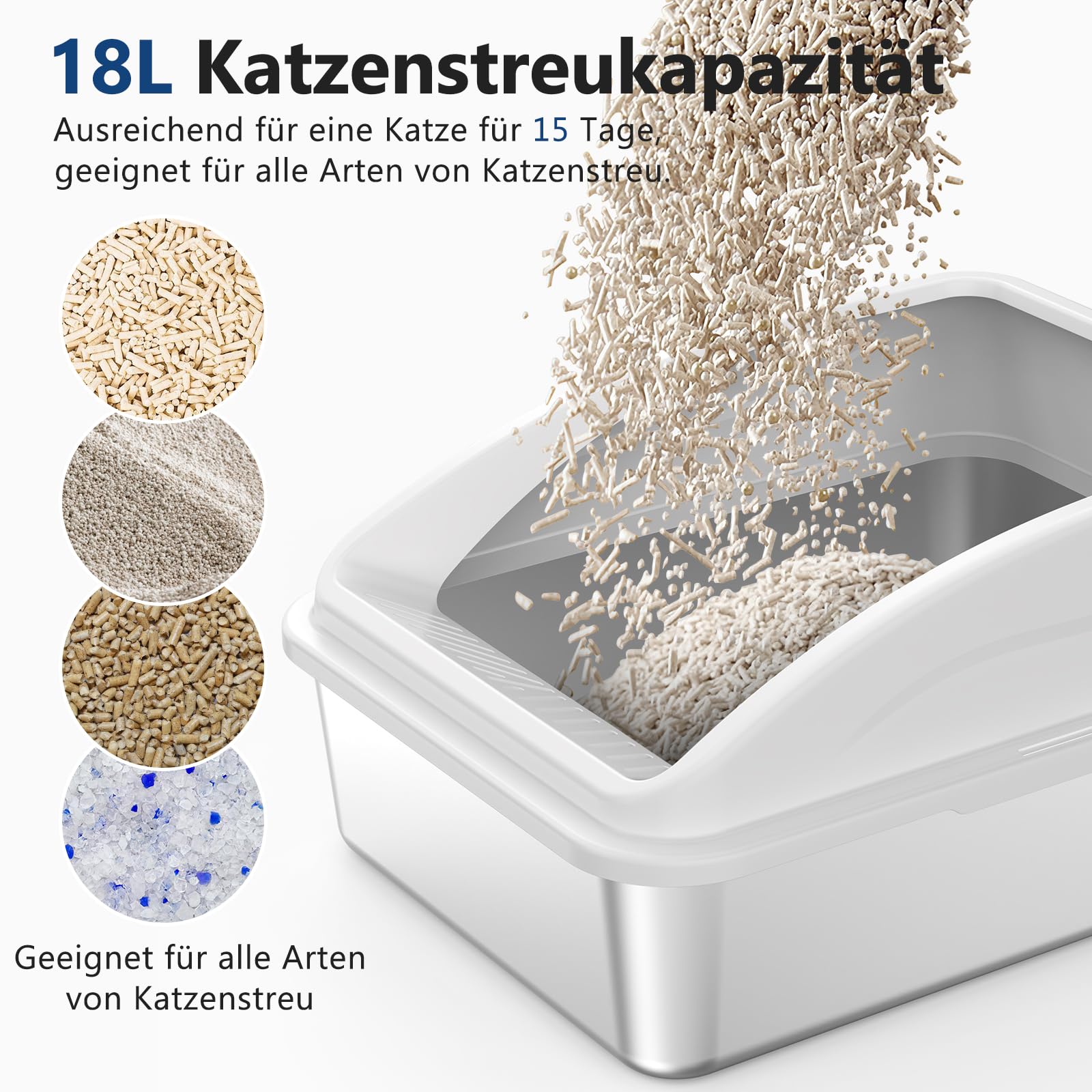 FURTIME Lettiera per gatti in acciaio inox, 18 l, con pala, in metallo con alloggiamento laterale a parete alta, a prova di perdite, per gattini, 43 x 33 x 20 cm