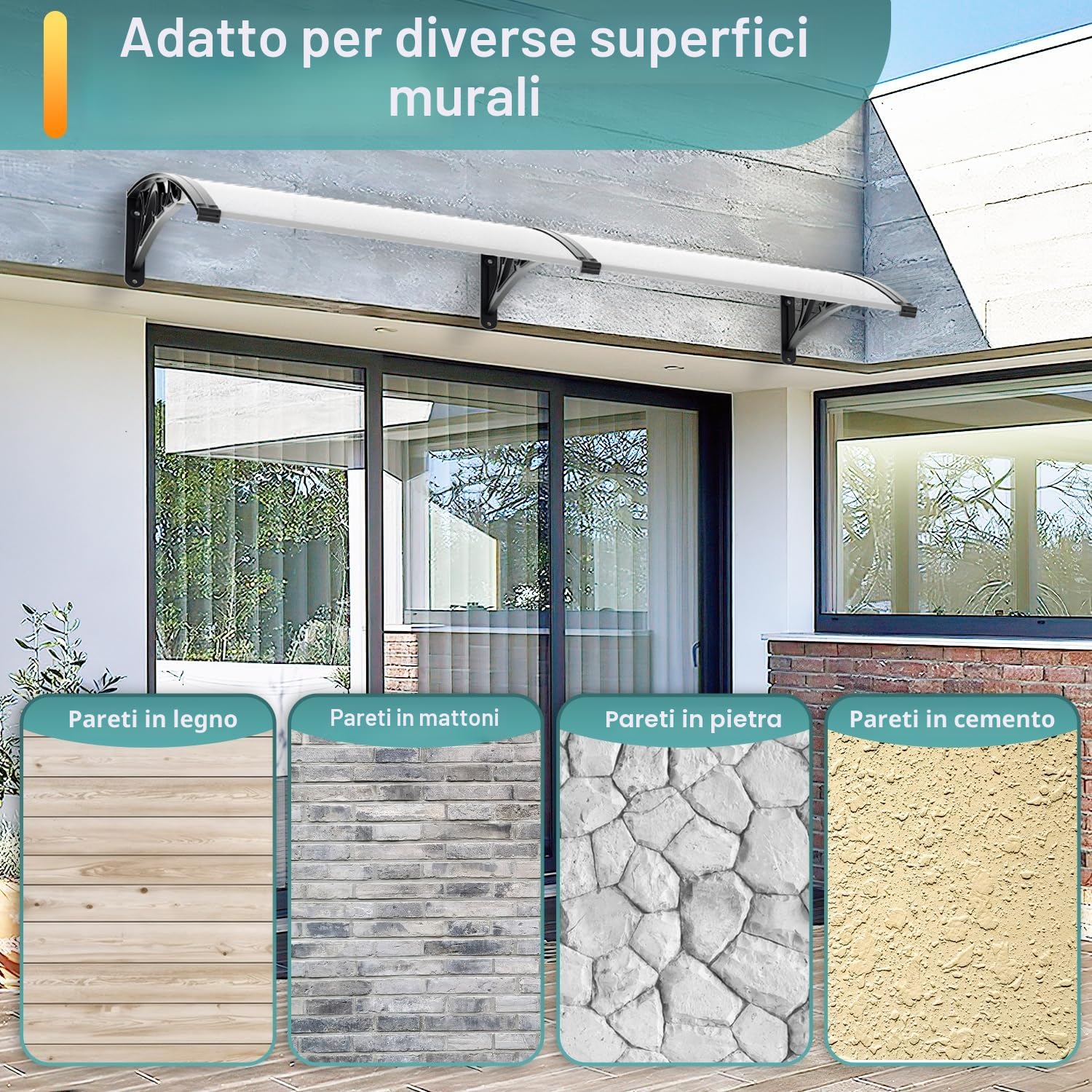 Tettoia per porta di casa, 300 x 100 cm, in policarbonato, tetto spiovente, 6 mm, supporto PP, tetto ad arco trasparente, estremamente resistente alle intemperie, protegge da pioggia, neve e