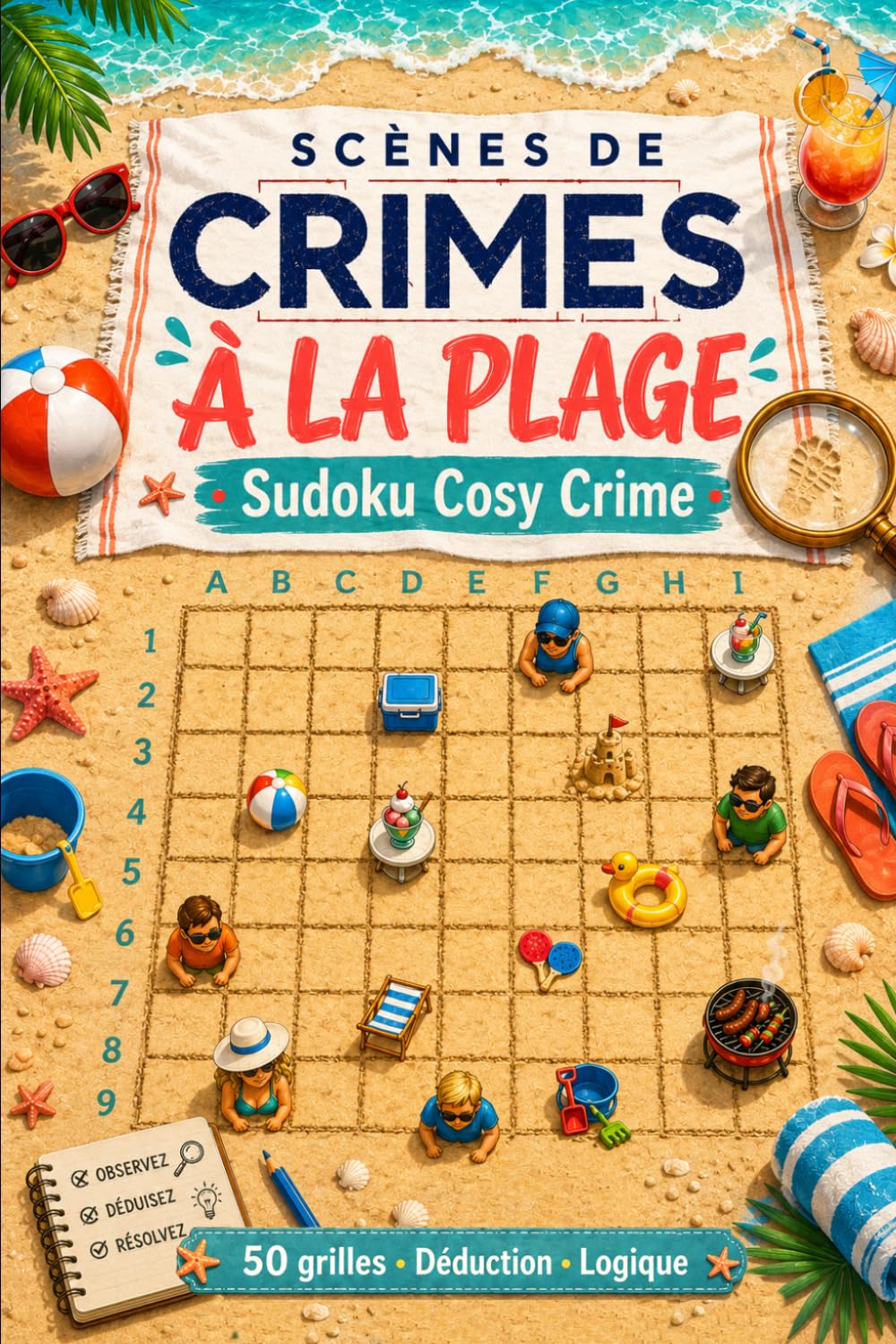 Criméo - Scènes de Crimes à la Plage - Sudoku Cosy Crime: Livre énigme adulte - 50 enquêtes logiques à résoudre en vacances - Déduction, difficulté croissante. Livre en couleur